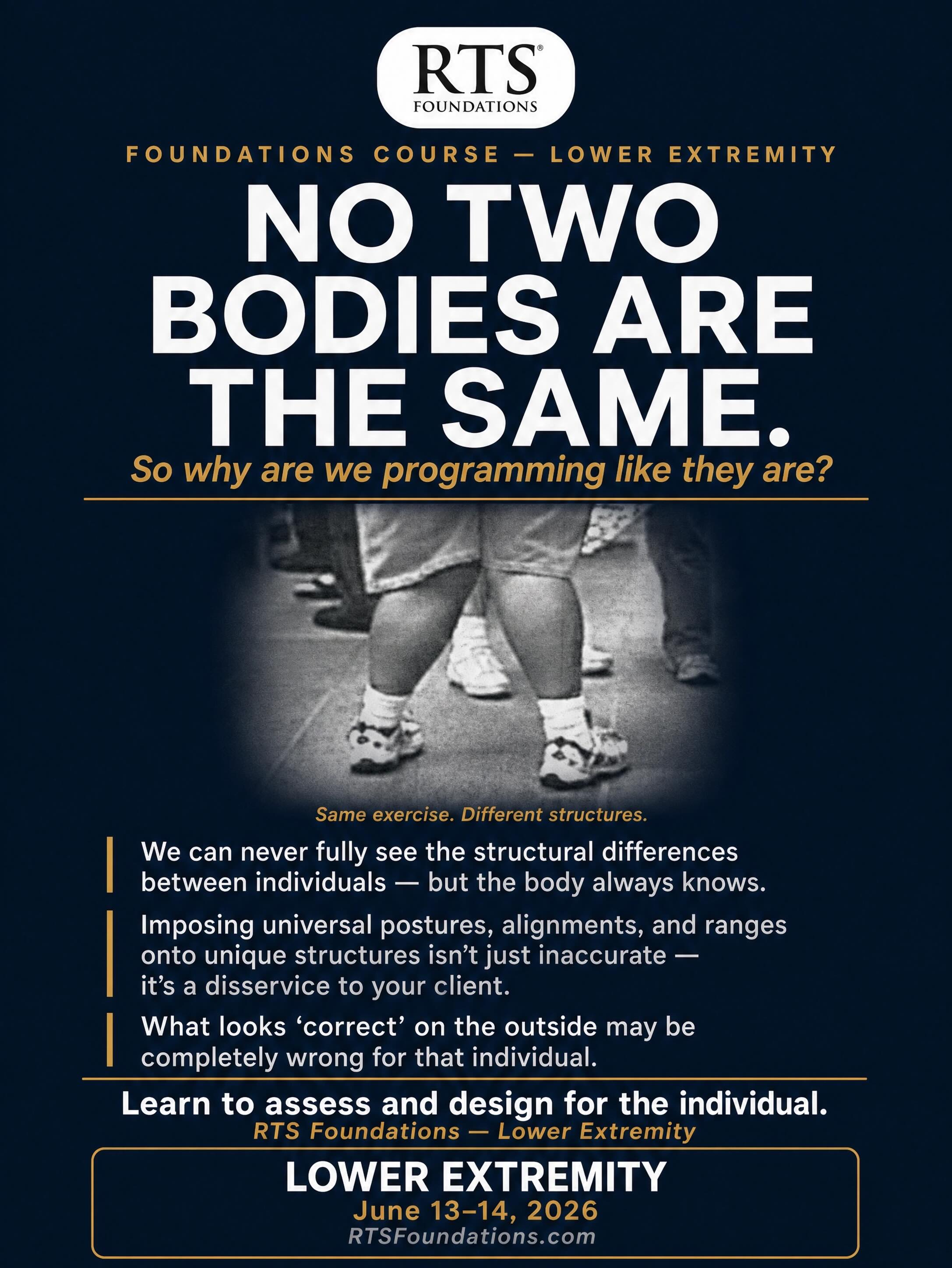Look at this photo.
Two legs. Same person. Completely different structure on each side.
Now imagine trying to coach that individual with a universal standard — the same foot position, the same squat depth, the same alignment cues you give everyone else.
It doesn’t work. And deep down, most of us already know that.
The truth is, structural differences between individuals are real, significant, and largely invisible to the naked eye. You can’t see them on a movement screen. You can’t fix them with a cue. And you certainly can’t override them with a program template.
What you
can do is learn to assess for them, respect them, and design around them.
That’s exactly what we cover in the
RTS Foundations Lower Extremity course.
You’ll learn how individual structure shapes every lower-body exercise decision — from squat mechanics and foldability, to resistance strategies and real-time coaching adjustments. No cookie-cutter programming. No universal standards. Just intelligent, individualized
design.#RTSFoundations #LowerExtremity #StructuralDifferences #IndividualizedTraining #ExerciseDesign
📅
June 13–14, 2026 🔗 Register at
RTSFoundations.com