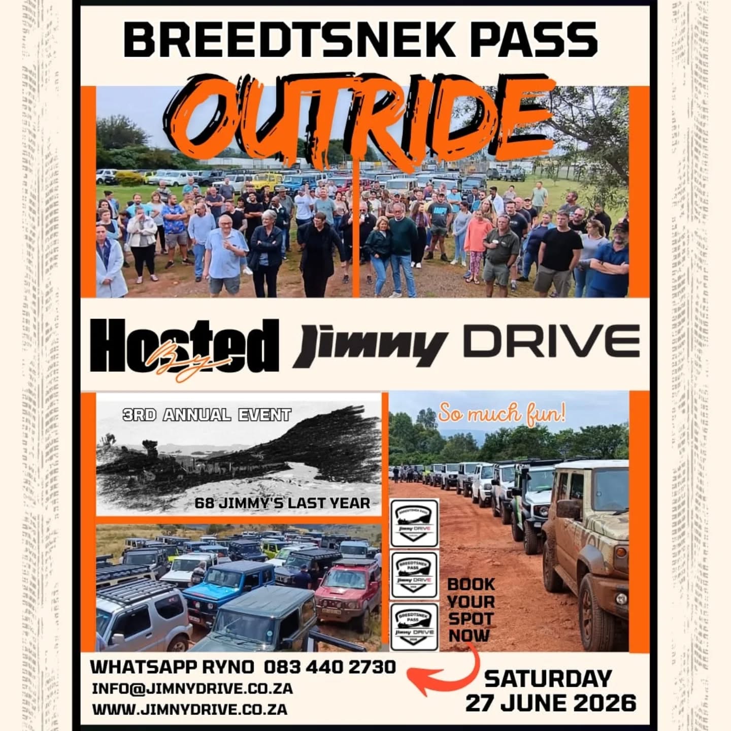 🚙🔥 JIMNYDRIVE BREEDTSNEK OUTRIDE 2026 🔥🚙
27 June 2026 – Let’s Go Play!
Get ready for one of the most exciting Jimny adventures of the year! 💥 Join us as we take on the iconic Breedtsnek Pass , a route rich in history, raw beauty… and ZERO maintenance. That means we drive what Mother Nature has carved out for us… rocks, ruts, and all! 🌄💪
This week’s recce confirmed it: ✅
The route is fun, and perfectly manageable in 4L with a stock standard Jimny at normal tyre pressures (±1.8 kPa). So, whether you're a seasoned off-roader or just starting out, this is YOUR kind of adventure! 🚗✨
🔥 WHY YOU DON’T WANT TO MISS THIS:
Last year we rolled out with 68 Jimnys and 6 other 4x4s, and this year we’re going even bigger and better!
👉 NEW ROUTE DIRECTION:
We’ll start from the Buffelspoort side (North of Breedtsnek Pass)
⏰ Departure: 09h00 (exact pin shared after sign-up)
🏁 Finish: ±13h00 at the incredible Syringa Park, Avianto Estate
🌟 EPIC FINISH VENUE – SYRINGA PARK!
Celebrate your adventure with friends and family at a next-level destination:
🍔 10+ food outlets
☕ Coffee shop & 🍹 bar
🎠 Out-of-this-world kiddies playpark
🏎️ Awesome go-kart track
🚗 Dedicated space to park ALL our Jimnys together on a sports field
👀 Spectacular viewing area overlooking the action!
It’s the perfect Jimny meet-up + family day out! 💚
💸 COST:
R100 per vehicle (payable at the start)
🎒 WHAT TO BRING: (For the morning drive)
Flask of coffee ☕
Snacks & cold drinks 🥤
Your sense of adventure 😎
🍽️ Food & activities at Syringa Park are available for your own account.
📍 Conveniently located near Randburg, Krugersdorp, and the N14 to Pretoria
👉 Learn more about the venue: http://www.syringapark.co.za
📲 BOOK / ENQUIRIES:
WhatsApp Ryno on 083 440 2730
________________________________________
💥 Let’s make some memories, tackle the trail, and enjoy a proper Jimny FUN DAY OUT together!
Tag your crew, pack your Jimny, and let’s hit Breedtsnek! 🚙🔥 #JimnyDrive #Breedtsnek2026#jimnygathering #jimny4x4