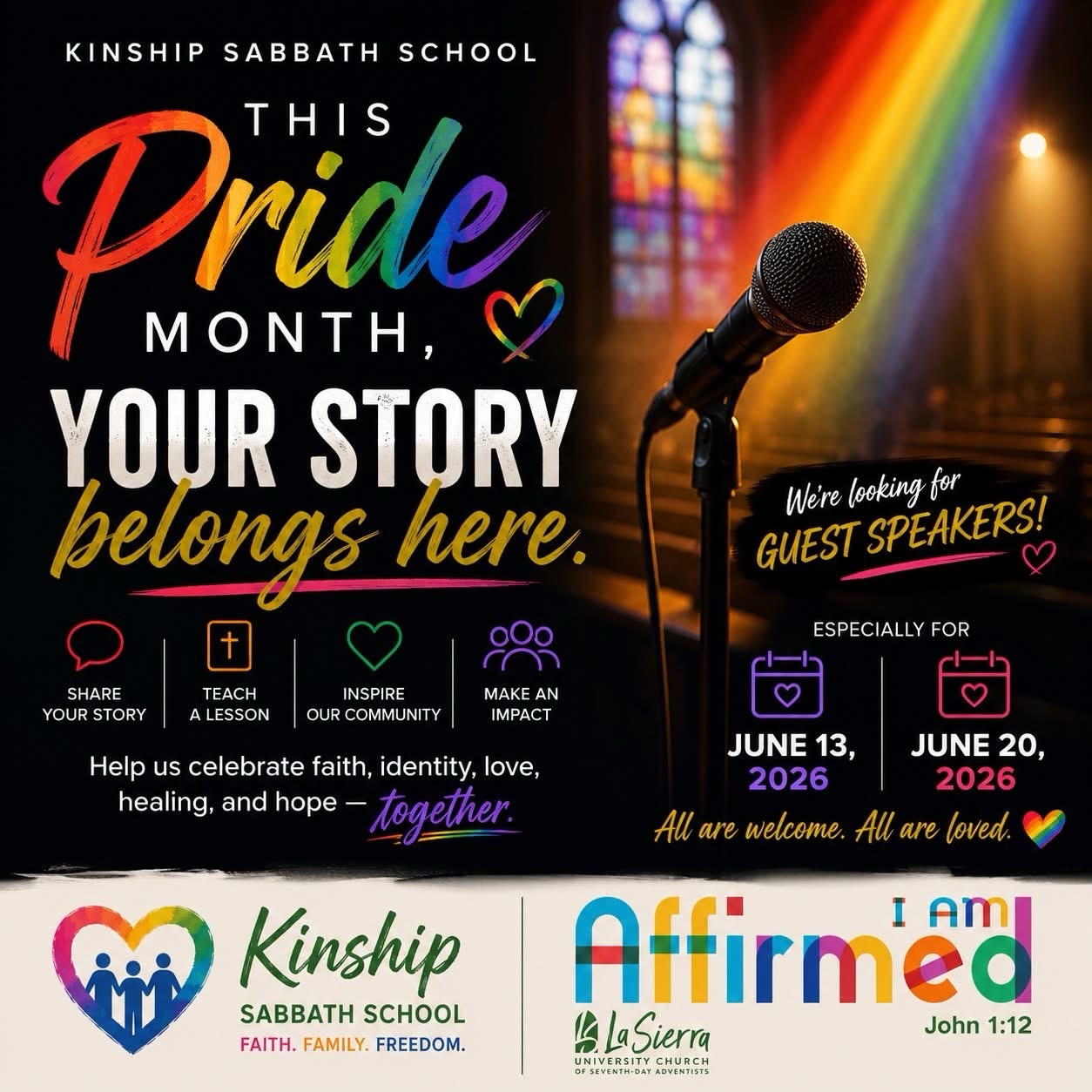 🌈✨ Kinship Sabbath School is celebrating Pride Month all June long! ✨🌈
We are currently looking for guest speakers, storytellers, teachers, and community voices to help us celebrate during the month of June.
Do you have:
💬 A coming out story?
📖 A Bible story or lesson that speaks to inclusion, identity, love, or belonging?
🙏 A testimony about your relationship with God, faith, healing, or the church?
🌈 A message you feel could encourage and connect with LGBTQ+ people and allies?
We would love to invite members of our community to share a Sabbath with us and help create meaningful, authentic, and spirit-filled conversations throughout Pride Month.
We are especially looking for speakers for:
📅 June 13, 2026
📅 June 20, 2026
Kinship Sabbath School is a space for honesty, healing, faith, connection, and community — and Pride Month gives us a special opportunity to celebrate the beauty of our stories and the many ways God continues to move in our lives.
If you are interested in speaking, teaching, sharing your testimony, or leading a lesson, please message me directly. We would absolutely love to connect with you. 💜
#PrideMonth #LGBTQFaith #QueerChristian #FaithAndPride #YouBelongHere