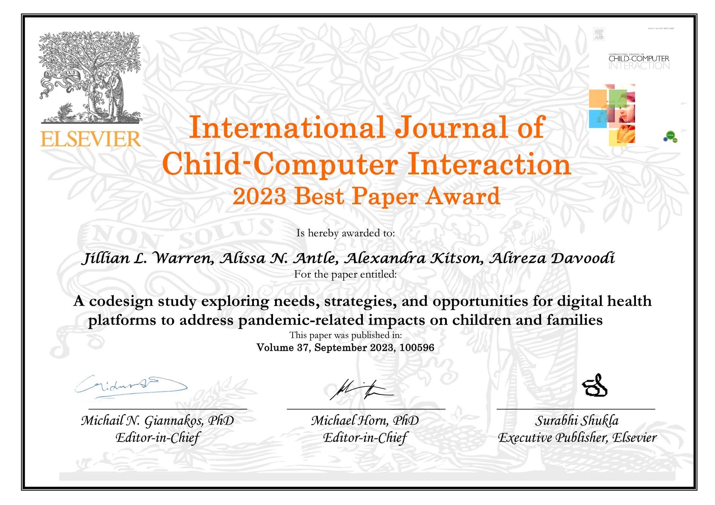 A #Latergram from IDC 2024 as I reflect on the threads of what 'future crafting' can mean.
I was incredibly honored to receive the International Journal of Child-Computer Interaction (IJCCI) Best Paper Award for our paper:
"A Co-Design Study Exploring Needs, Strategies, and Opportunities for Digital Health Platforms to Address Pandemic-Related Impacts on Children and Families."
This project emerged during the COVID-19 pandemic and explored how digital health platforms might better support children and families navigating uncertainty, disruption, and change.
Working alongside children, parents, teachers, and experts, we used a variety of co-design approaches—including inventor toolkits and future-oriented design activities—to help young people share their experiences, identify challenges, and imagine new possibilities for support.
While this project focused on mental health and well-being rather than sustainability, many of the ideas continue to influence my work today. At its core was a belief that children are not simply recipients of future technologies—they are capable of imagining, critiquing, and shaping futures themselves.
That belief continues to guide FutureCraft.
Whether I'm exploring well-being, sustainability, emerging technologies, or biomaterials, I'm interested in how design can create opportunities for young people to imagine what is possible, reflect on what is desirable, and consider how we might work toward those futures together.
A huge thank you to my collaborators Dr. Alissa Antle, Alireza Davoodi, and Alexandra Kitson, along with our partners, participants, and supporters. This recognition belongs to the entire team.
#IDC2024 #IJCCI #ChildComputerInteraction #CoDesign #DesignResearch #YouthDesign #FuturesThinking #ParticipatoryDesign #HCI #FutureCraft