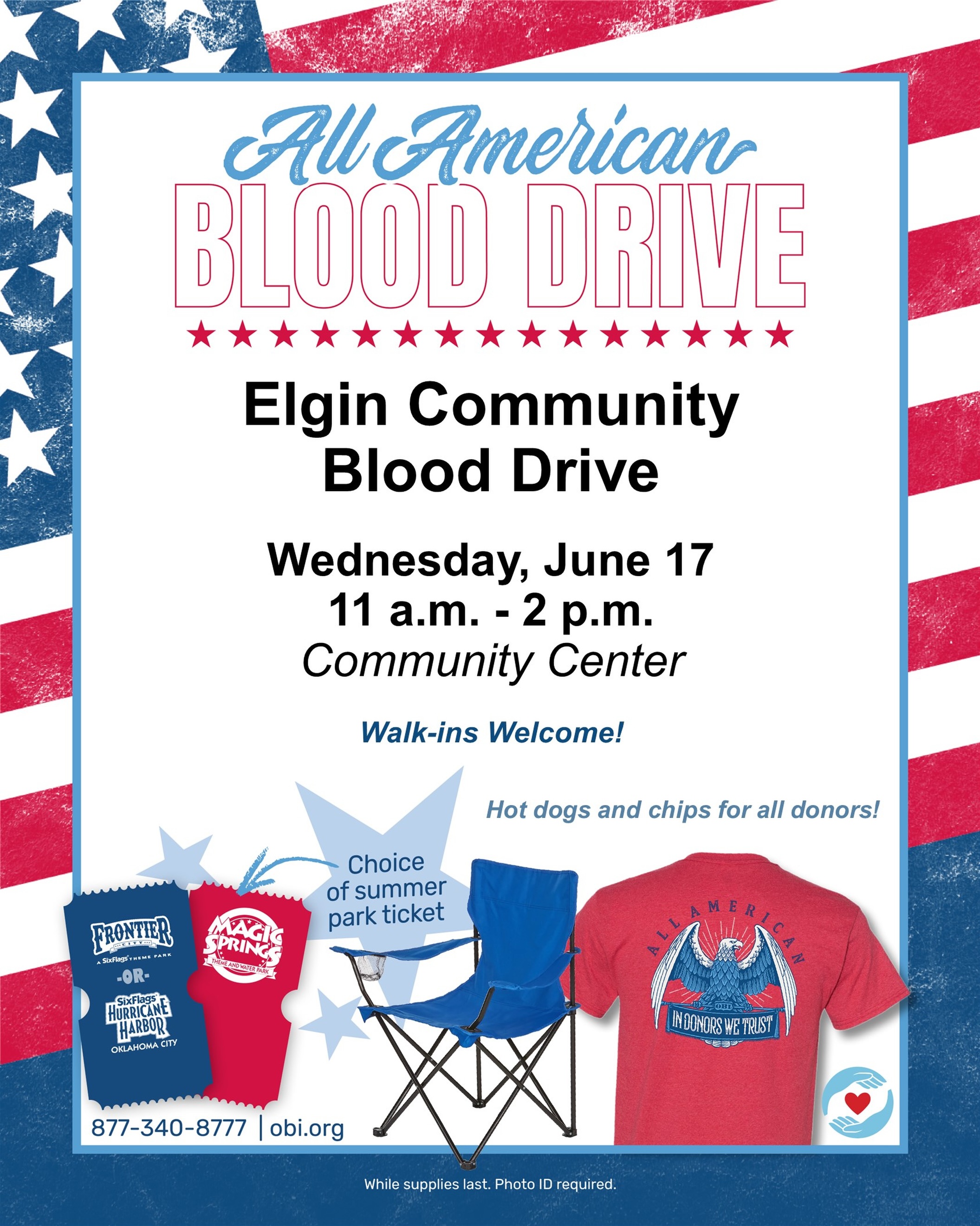 🇺🇸❤️ Roll Up Your Sleeve for Elgin & Support ESEF! ❤️🇺🇸
Join us at the Elgin Community Blood Drive on Wednesday, June 17, from 11 a.m. – 2 p.m. at the Community Center and make a lifesaving difference!
🩸 Every blood donation can help save up to 3 local patients
🎟️ All donors receive their choice of a Frontier City, Hurricane Harbor, or Magic Springs ticket
👕 Score an exclusive All-American donor t-shirt
🌭 Enjoy free hot dogs and chips
🪑 Plus, donors are eligible for additional giveaways!
💙 Want to make your donation go even further? Schedule through Donable Cares to support ESEF (Elgin Schools Educational Foundation)!
Appointments must be made at least 24 hours in advance to earn funding: https://donable.squarespace.com/esefcares
💰 $15 is donated to ESEF for every blood donation
💰 $100 is donated for every first-time blood donor
👉 Make your Donable Cares appointment today and help strengthen both our local blood supply and our local schools!