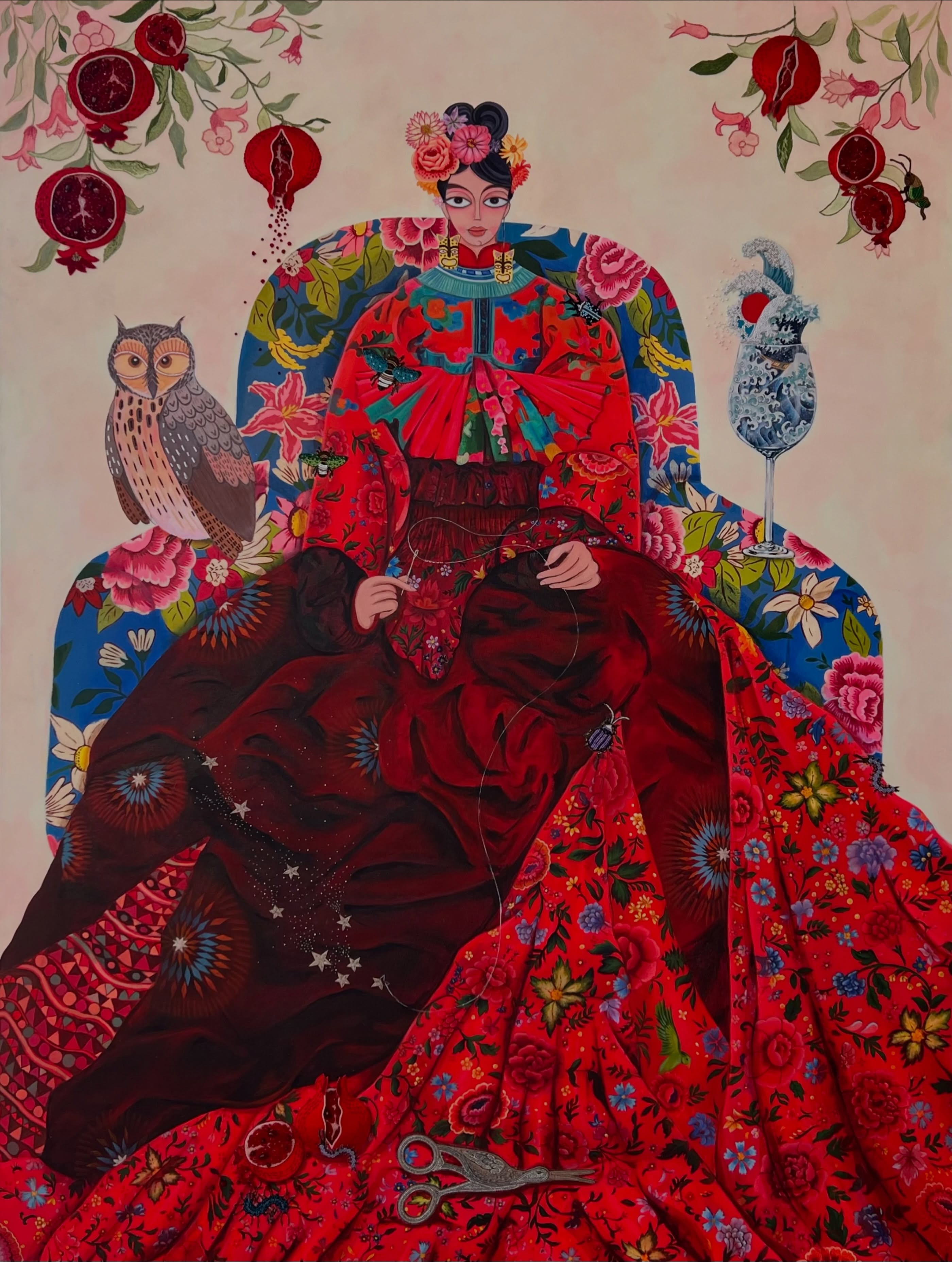 “MeNoPause” (Details)
6 feet x 4 feet 6 inches
Embroidery, beadwork and acrylics on canvas
2026
MeNoPause is a declarative work emerging from a deeply personal yet culturally charged transition. In my mid forties, I resist the idea of retreat or quieting, claiming this moment instead as expansion. The title reframes menopause as “Me No Pause” a refusal to diminish and a conscious interruption of inherited narratives.
I portray myself in composed stillness, yet the composition is alive with saturated reds, florals, and bursting pomegranates symbols of abundance that extend beyond biology into creativity, desire, and vision. My life remains ripe, ambitious, and in motion.
Embroidery enters at this scale for the first time, marking both a formal and conceptual shift. Each stitch becomes an embodied metaphor delicate yet piercing, meditative yet laborious holding the tension between pain and beauty. Beaded waves evoke resilience, while insects move through the work as witnesses to past struggles that now ornament survival.
This, my largest and most intricate work, asserts visibility against expectations of midlife invisibility. It does not deny change, but reframes it as ripening, as becoming. A celebration of a self that is clearer, more embodied, more powerful.
This is not a closing chapter.
It is expansion.
Gaurvi
#Me No Pause
