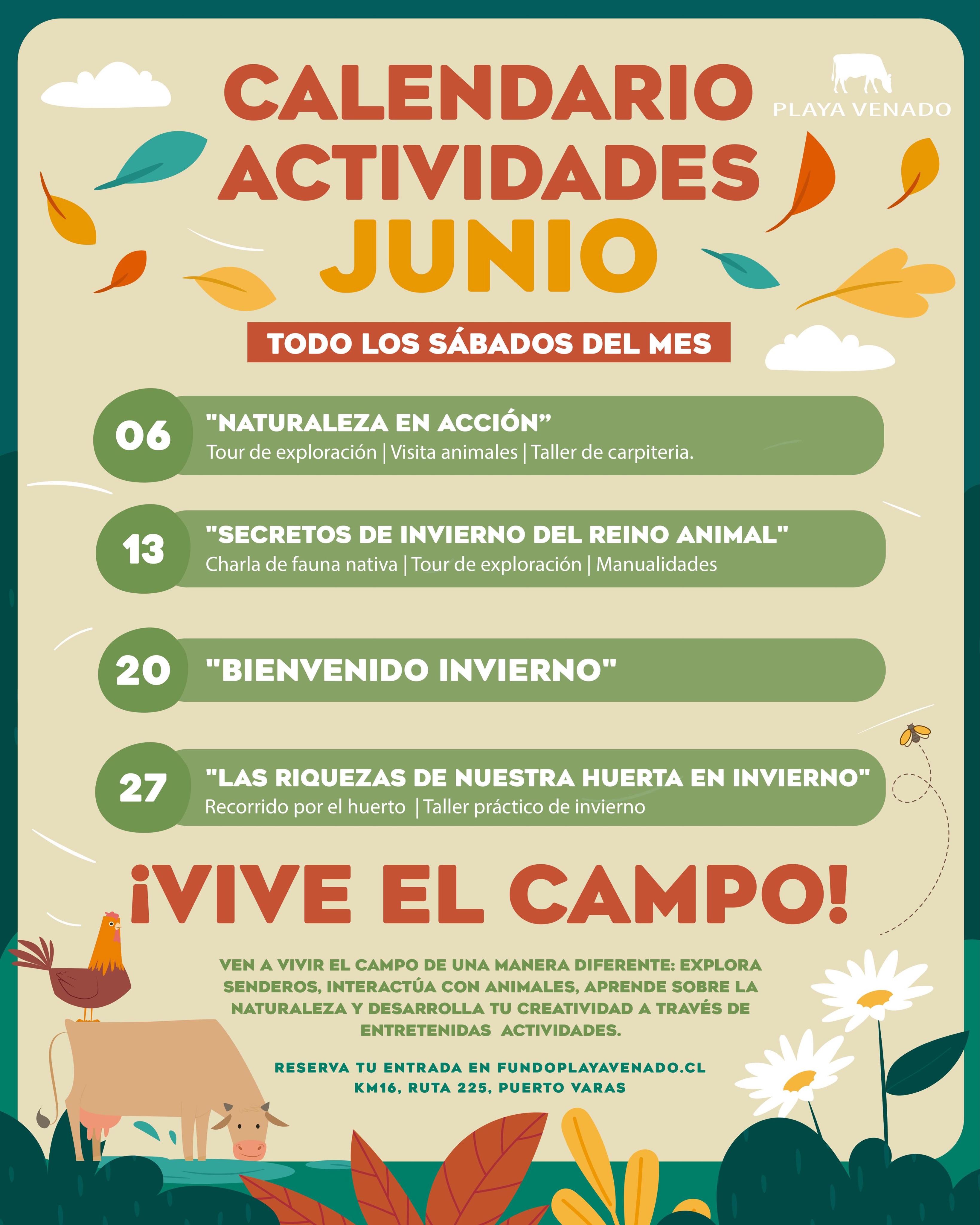 PROGRAMACIÓN DE JUNIO
Ven a disfruta y descubrir la magia que hay en cada estación del año.
Cada sábado tendremos experiencias especiales para interactuar con los animales, recorrer senderos, aprender sobre la fauna nativa, explorar la huerta, hacer manualidades, jugar y mucho más.
Reserva tu entrada en fundoplayavenado.cl
¡La comunidad la hacemos entre todos!