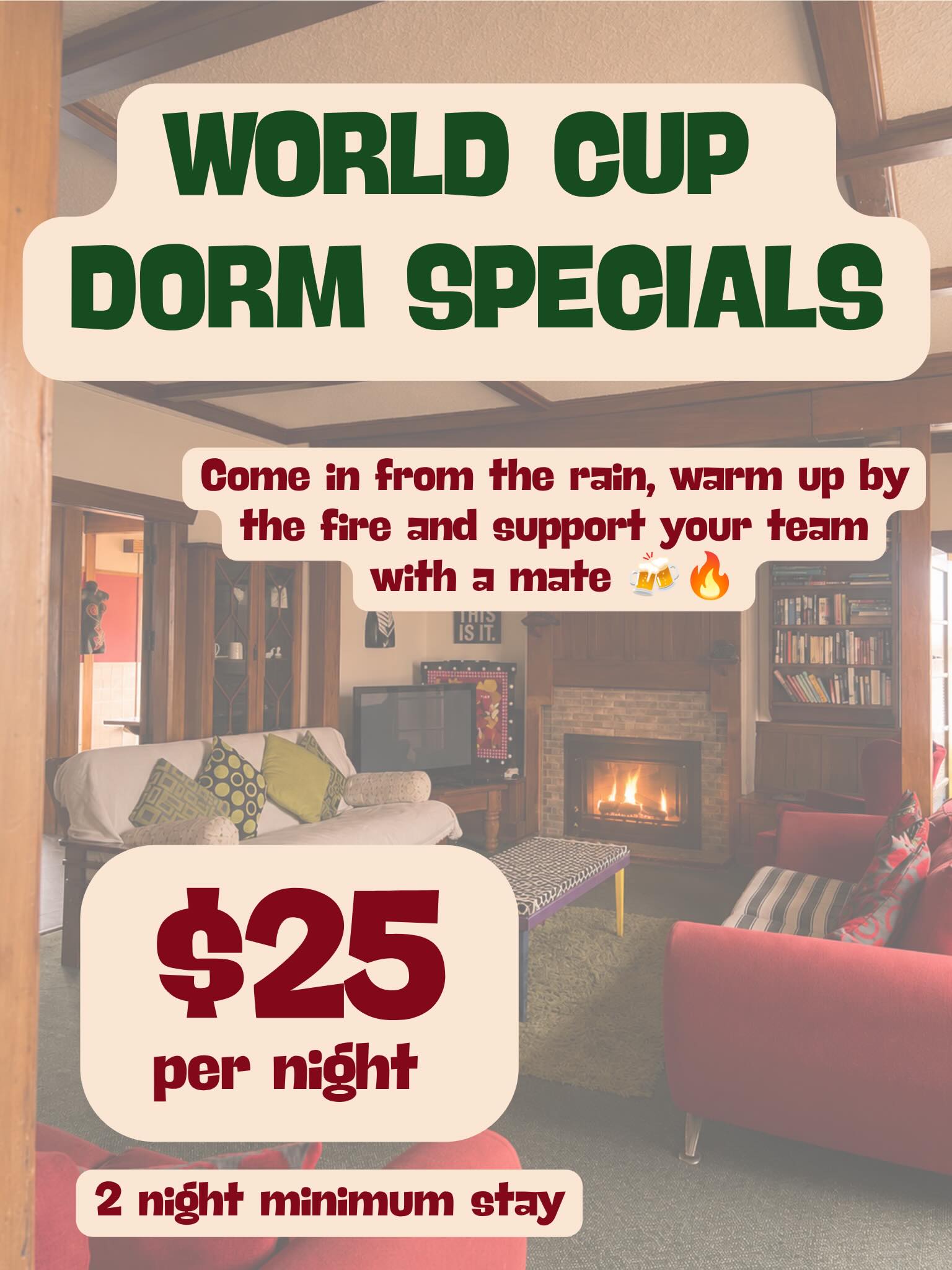 We are running a special for the World Cup from Thursday 11th June to Sunday 19th July! ⚽️🛏️
Just $25 a night 😍 all games will be played live in our comfy lounge!