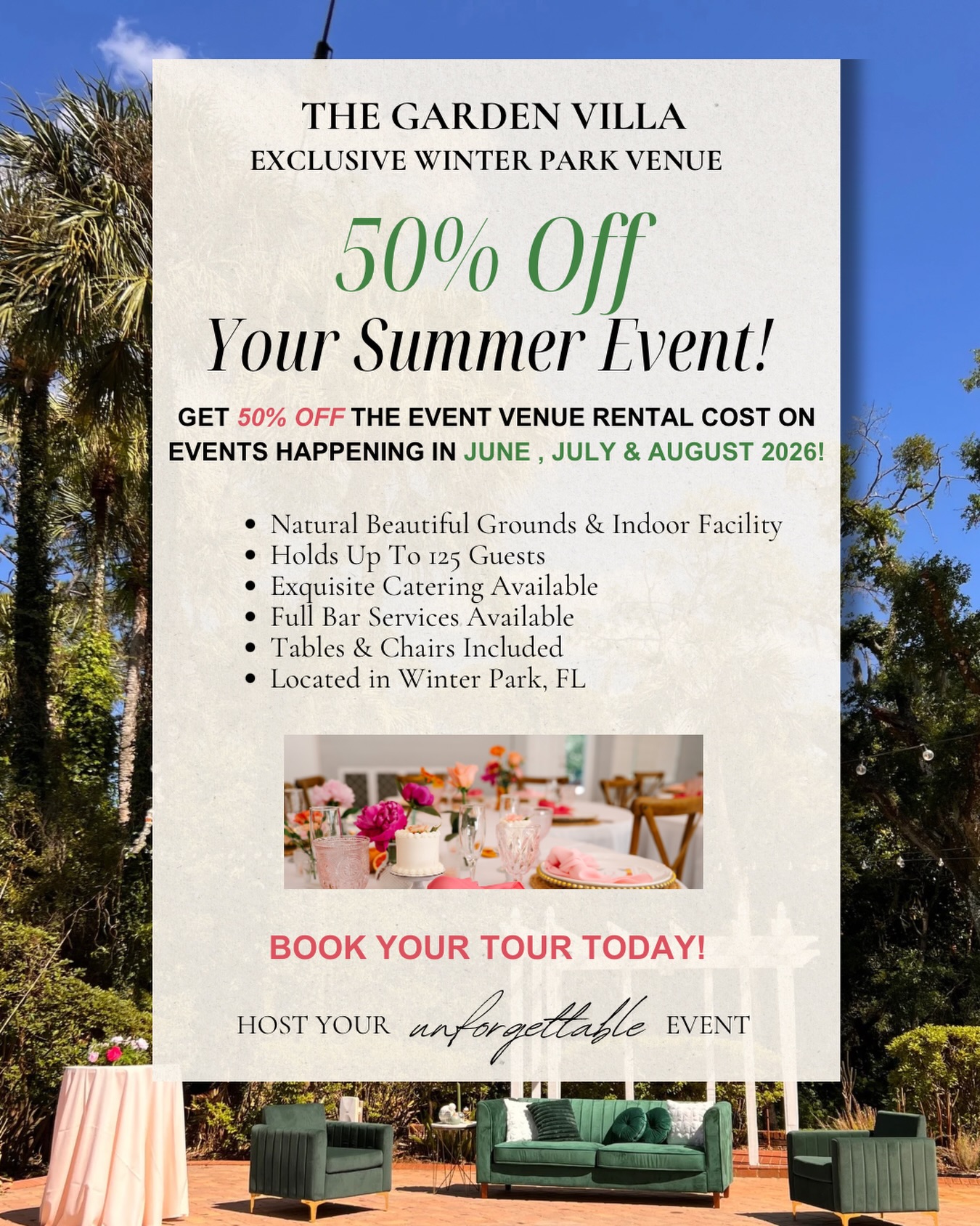 SAVE 50% ON SUMMER VENUE RENTALS ☀️
For a LIMITED TIME, The Garden Villa is offering 50% OFF Select 8-Hour Venue Rentals for events taking place in June, July, and August 2026!
When you book The Garden Villa, you’ll enjoy:
✨ Exclusive access to our beautiful indoor venue and lush garden grounds for a full 8-hour rental
✨ Two hours for setup, five hours of event time, and one hour for cleanup
✨ Hassle-free setup and cleanup services so you can focus on celebrating
✨ 125 beautiful cross-back wood farm chairs and all tables needed for your event
✨ Access to award-winning in-house catering through Cocktails Catering, making planning simple and stress-free
From elegant weddings and bridal showers to company celebrations and private parties, The Garden Villa provides a beautiful setting and a seamless event experience your guests will never forget.
Summer dates are LIMITED and booking QUICKLY!
📍 Winter Park, FL
📞 (407) 745-5718
Schedule your tour today and take advantage of this limited-time summer offer!
#thegardenvilla #winterpark #orlandoweddingvenue #floridavenue #orlandoweddings