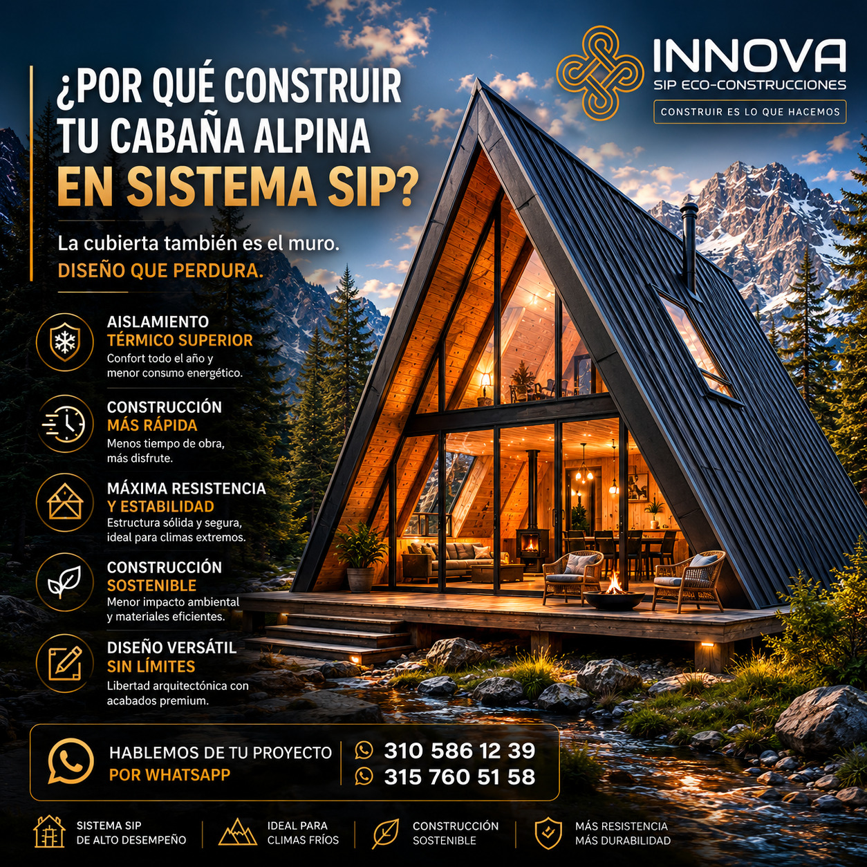 🏡 Diseño sin límites , Eficiencia.
Las cabañas alpinas representan uno de los mayores retos constructivos: la cubierta también funciona como muro, por lo que cada elemento debe aportar resistencia, aislamiento y precisión constructiva.
Con el sistema SIP de INNOVA SIP es posible desarrollar diseños alpinos modernos con excelente desempeño térmico, rapidez de construcción y una arquitectura limpia que se integra perfectamente con el entorno natural.
✅ Cubierta y muros en un mismo sistema constructivo
✅ Excelente aislamiento térmico
✅ Menores tiempos de ejecución
✅ Diseño arquitectónico versátil
✅ Ideal para proyectos campestres y de montaña
Construimos espacios diseñados para durar.
📲 Solicita información por WhatsApp:
310 586 12 39
315 760 51 58
#InnovaSIP #PanelSIP #CabañaAlpina #ArquitecturaModerna #ConstruccionIndustrializada #CasasCampestres #ArquitecturaSostenible #ConstruccionModerna #TinyHouse #Glamping #CabanasCampestres #DisenoArquitectonico #ConstruccionColombia #EficienciaEnergetica #ConstruccionPremium