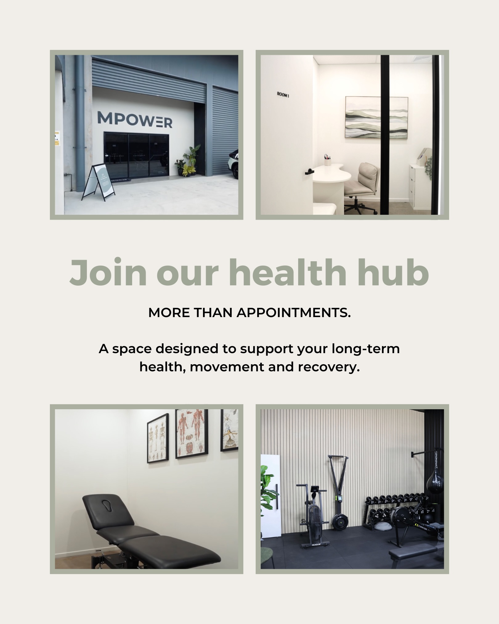 At MPower, we believe healthcare works best when it’s collaborative, connected and centred around the individual.
Our Allied Health Hub brings together experienced professionals across multiple services to support your health journey under one roof. From movement and rehabilitation to long-term wellbeing, our team works together to provide a more holistic approach to your care.
Why choose MPower?
• Collaborative team approach
• Personalised care plans tailored to you
• A supportive environment focused on long-term results
Your health deserves more than a one-size-fits-all approach.
Join the MPower Health Hub today.