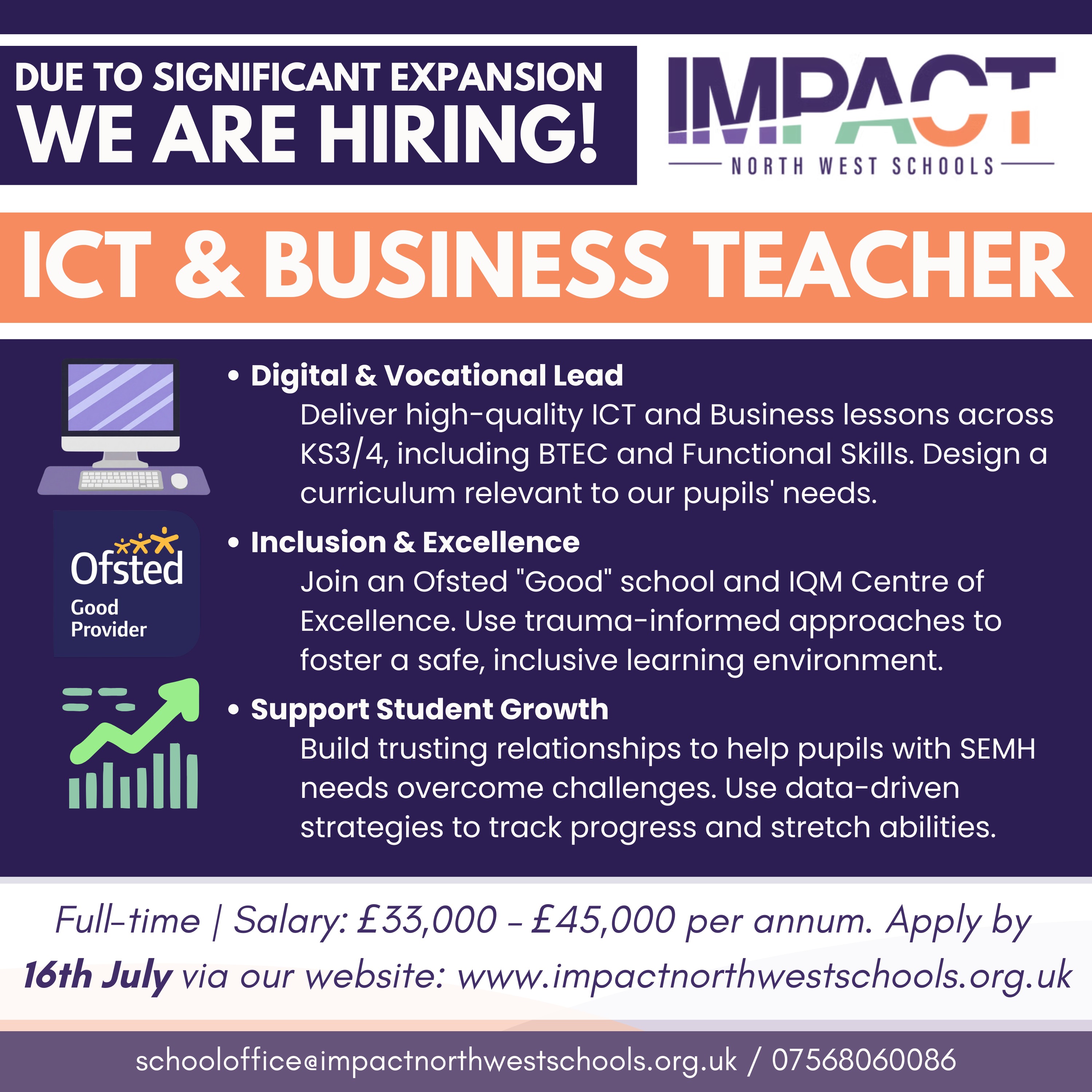 Now Hiring: ICT & Business Teacher
Are you ready to lead the way in digital education? We are looking for an innovative ICT & Business Teacher to join our team during this exciting period of expansion. At Impact, you wonโt just be teaching; youโll be designing a curriculum that truly resonates with our pupils' futures.
Impact: Deliver high-quality BTEC and Functional Skills lessons.
Support: Work within a trauma-informed environment to foster student growth.
Reward: Salary between ยฃ33,000 โ ยฃ45,000 per annum.
Deadline: Apply by 16th July!
๐ Apply here: www.impactnorthwestschools.org.uk/vacancies