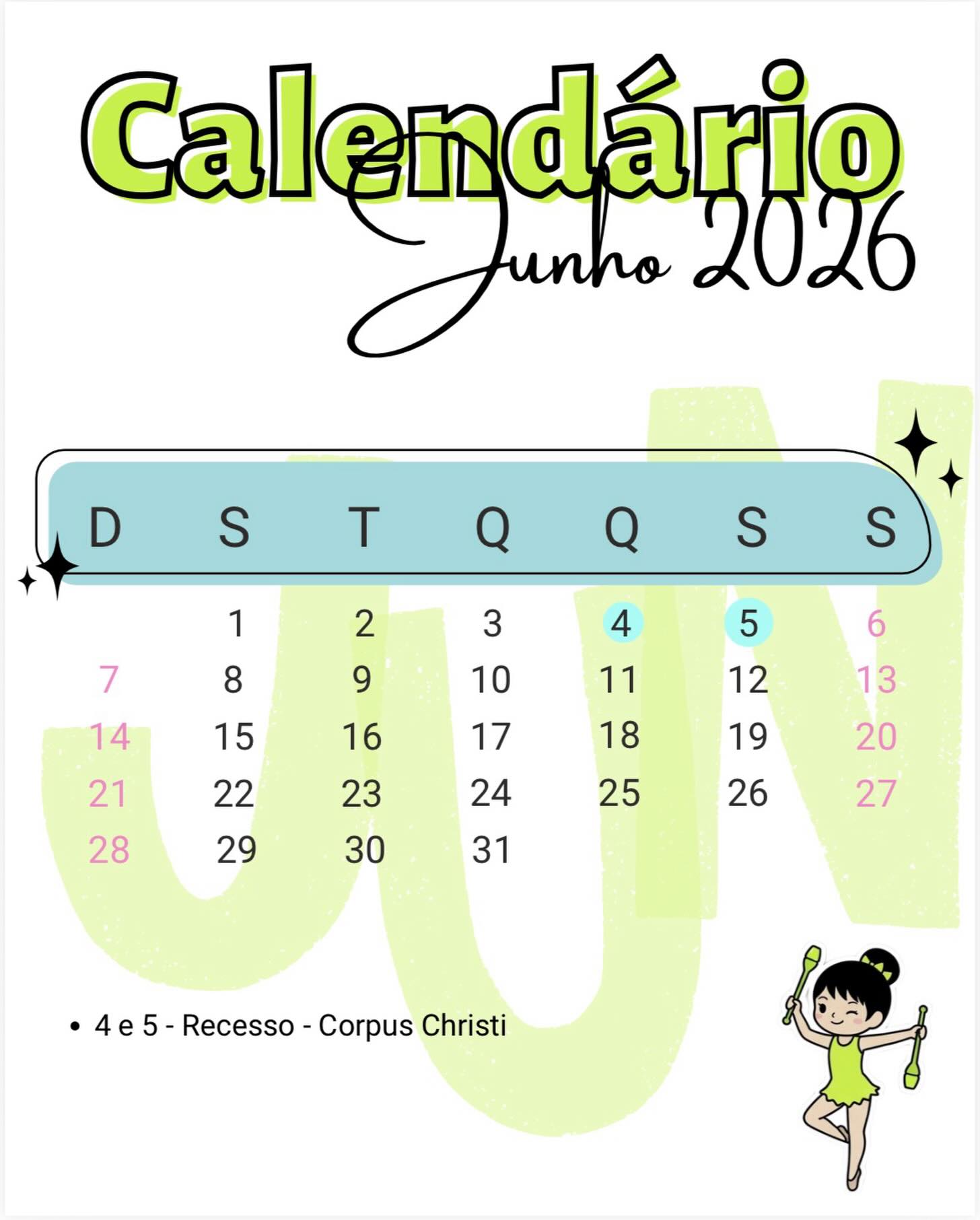 Nosso calendário de junho☺️💚
Aproveitem o feriado e não deixem de estar presentes nas aulas regulares! Foco no objetivo sempre✨