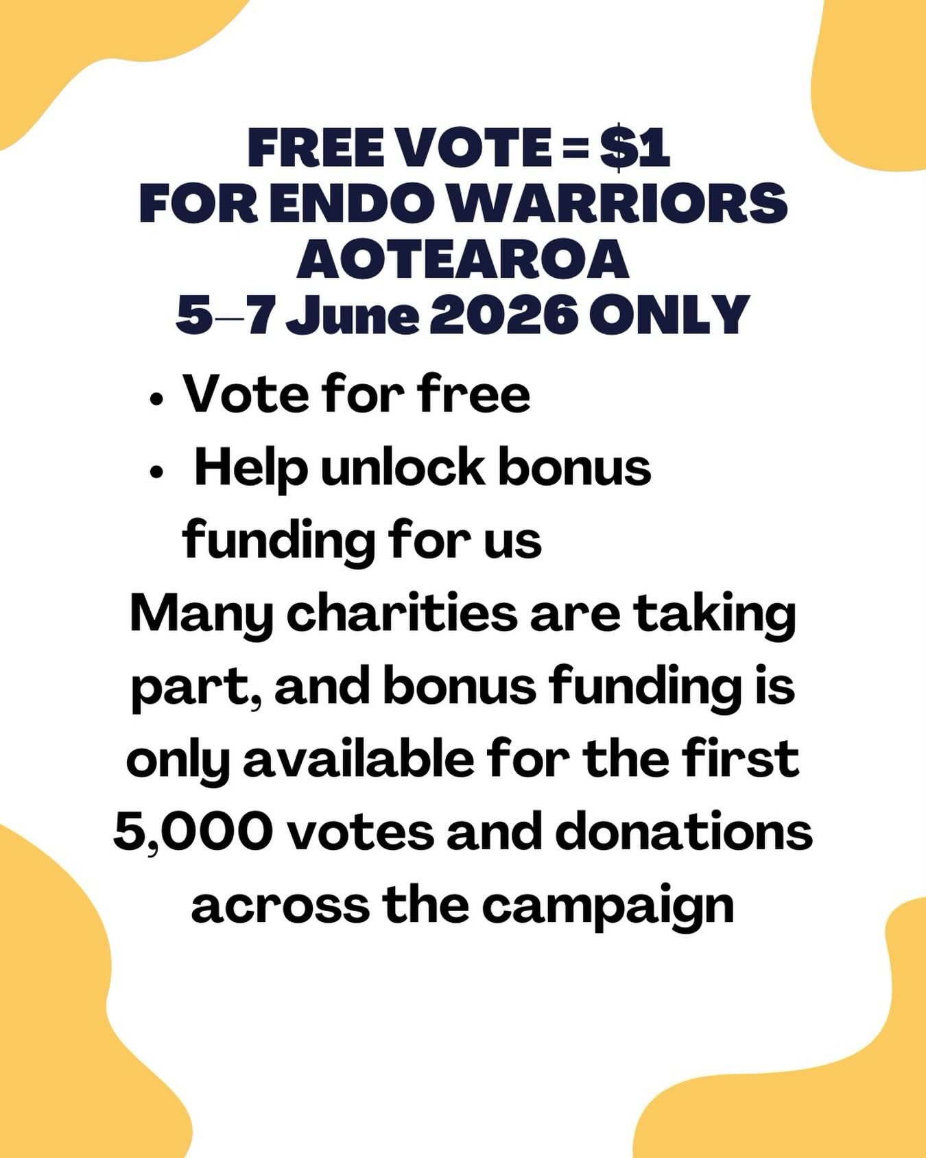 Weâre excited to be taking part in MyGivingCircleâs GiveBack Weekend from 5â7 June 2026.
For this weekend only, MyGivingCircle is sharing a bonus funding pool between participating charities.
⨠Every FREE vote earns Endo Warriors Aotearoa $1
⨠Every donation earns an additional $2 bonus while funds last
⥠Many charities are taking part, and bonus funding is only available for the first 5,000 votes and donations across the campaign, so please vote as soon as you can.
Vote here (Instagram: Link in Bio):
https://mygivingcircle.org/endo-warriors-aotearoa/vote/free
Your support helps us continue providing:
đ Free menstrual health and endometriosis education
đ Period products for those experiencing hardship
đ One-to-one support and advocacy
đ Community workshops and resources
đ Support for people and whÄnau affected by endometriosis across Aotearoa
How you can help:
â Vote for free
â Donate if youâre able
â Share this post with your friends, whÄnau, colleagues, and community
Every vote, donation, and share helps us continue supporting those who need us most.
NgÄ mihi nui for supporting Endo Warriors Aotearoa and helping us create positive change across Aotearoa.
#EndoWarriorsAotearoa #GiveBackWeekend #EndometriosisAwareness #MyGivingCircle #SupportLocalCharities