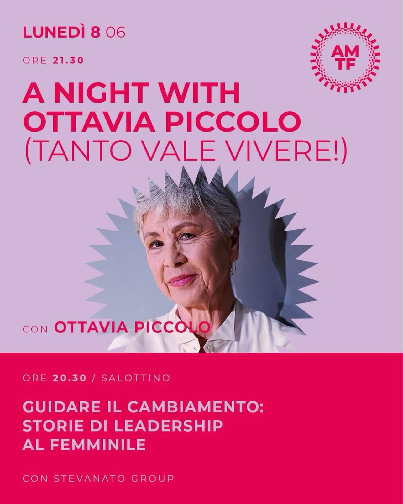 Una grande gioia ospitare al nostro @antichemurateatrofestival 2026 Ottavia Piccolo!
AMTF, ideato e organizzato da @teatrobresci
Lunedì 1-8-15-22-29 giugno + Lunedì 6-13 e martedì 14 luglio / Cittadella (Pd)
Un’ospite d’eccezione per la seconda serata!
Lunedì 8 giugno h 21.30
A NIGHT CON OTTAVIA PICCOLO
(Tanto vale vivere!)
da Dorothy Parker
con #ottaviapiccolo
a cura di @Sandra Mangini
In questa notte speciale Ottavia Piccolo, grande protagonista del teatro italiano, ci accompagna
con grazia e autorevolezza nel mondo di un’ importante figura della letteratura novecentesca: Dorothy Parker.
Voce libera, trasgressiva e anticonformista, Parker è stata un’ intellettuale raffinata, impegnata politicamente, sempre dalla parte degli oppressi.
+ h 20.30
Salottino
GUIDARE IL CAMBIAMENTO. STORIE DI LEADERSHIP AL FEMMINILE
Dialogo con Stevanato Group
—-
Cittadella (Pd)
Teatro all’aperto di Campo della Marta
In caso di maltempo c/o Villa Rina
Ingresso ad offerta libera senza prenotazione
Ingresso pubblico dalle 20.00
www.antichemurateatrofestival.com
www.teatrobresci.it
Non mancate! #antichemurateatrofestival #unfestivalcosinonsemaivisto #cittadella @tringalide @giacomo__rossetto @comunecittadella_official