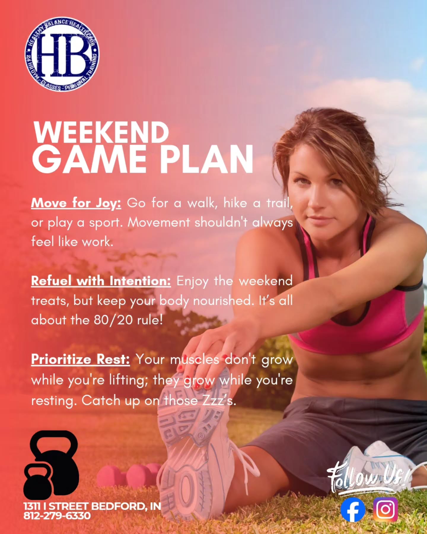Happy Friday, Healthy Balance family!
As we head into the weekend, remember that your fitness journey isn't just about what you do inside our walls—it’s about how you honor your body outside of them, too.
True wellness isn't about restriction; it’s about harmony.
Your Weekend Game Plan:
Move for Joy: Go for a walk, hike a trail, or play a sport. Movement shouldn't always feel like work.
Refuel with Intention: Enjoy the weekend treats, but keep your body nourished. It’s all about the 80/20 rule!
Prioritize Rest: Your muscles don't grow while you're lifting; they grow while you're resting. Catch up on those Zzz’s.
"Health is not a destination, it’s a continuous journey of making choices that make you feel alive."
Have an amazing, restorative weekend. We can’t wait to see you back on the mat and at the racks on Monday!
#HealthyBalanceGym #WeekendWisdom #FindYourBalance #RestAndRecover #MindfulMovement