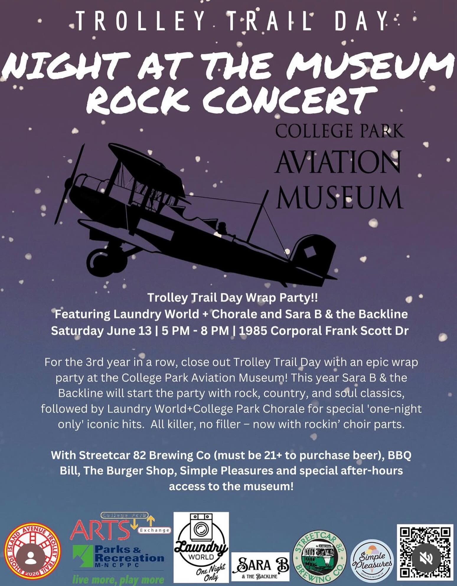 Join us—for the third year in a row—in closing out Trolley Trail Day with an epic wrap party at the museum!
Featuring a special one-night collaboration between Laundry World @laundryworldcp and the College Park Chorale, and Sara B & the Backline will kick off the evening with an energetic performance of various genres of music
Food and drink will be available to purchase or bring a picnic!
FREE
Presented in Partnership with Maryland Milestones