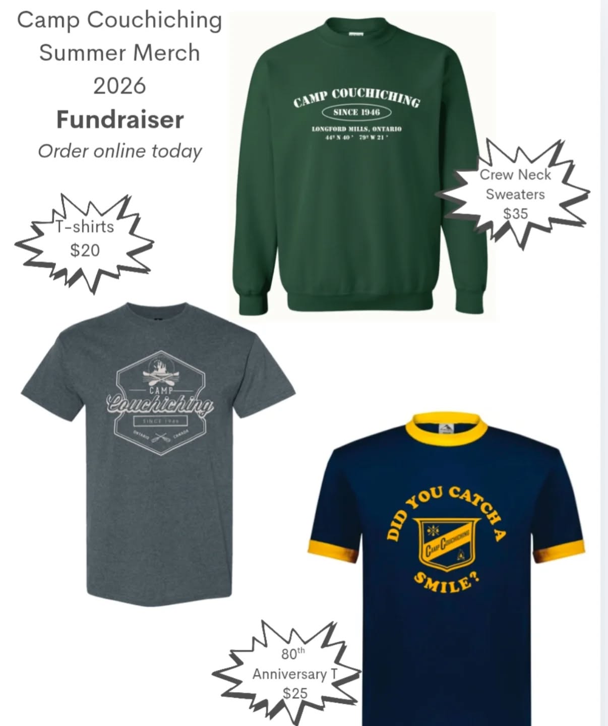 To celebrate our 80th anniversary, we are throwing it back to some classic camp merch 🎉🎉
You are now able to sign into your account and access the clothing portal. Time is limited, so don't delay, put your order in today 😊
Two delivery date options: during the summer session you are registered for OR at the 80th anniversary event in September 👕