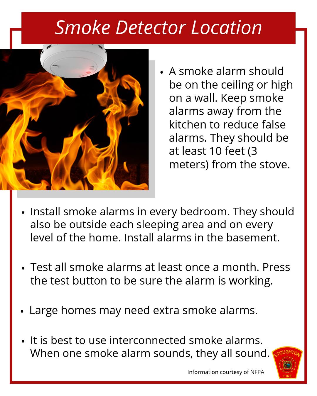 It is important that smoke detectors are placed in the right locations in your home to ensure you and your family are safe. Follow these guidelines when installing smoke detectors in your home.â
â
#SFD #NFPA #SmokeDetectors