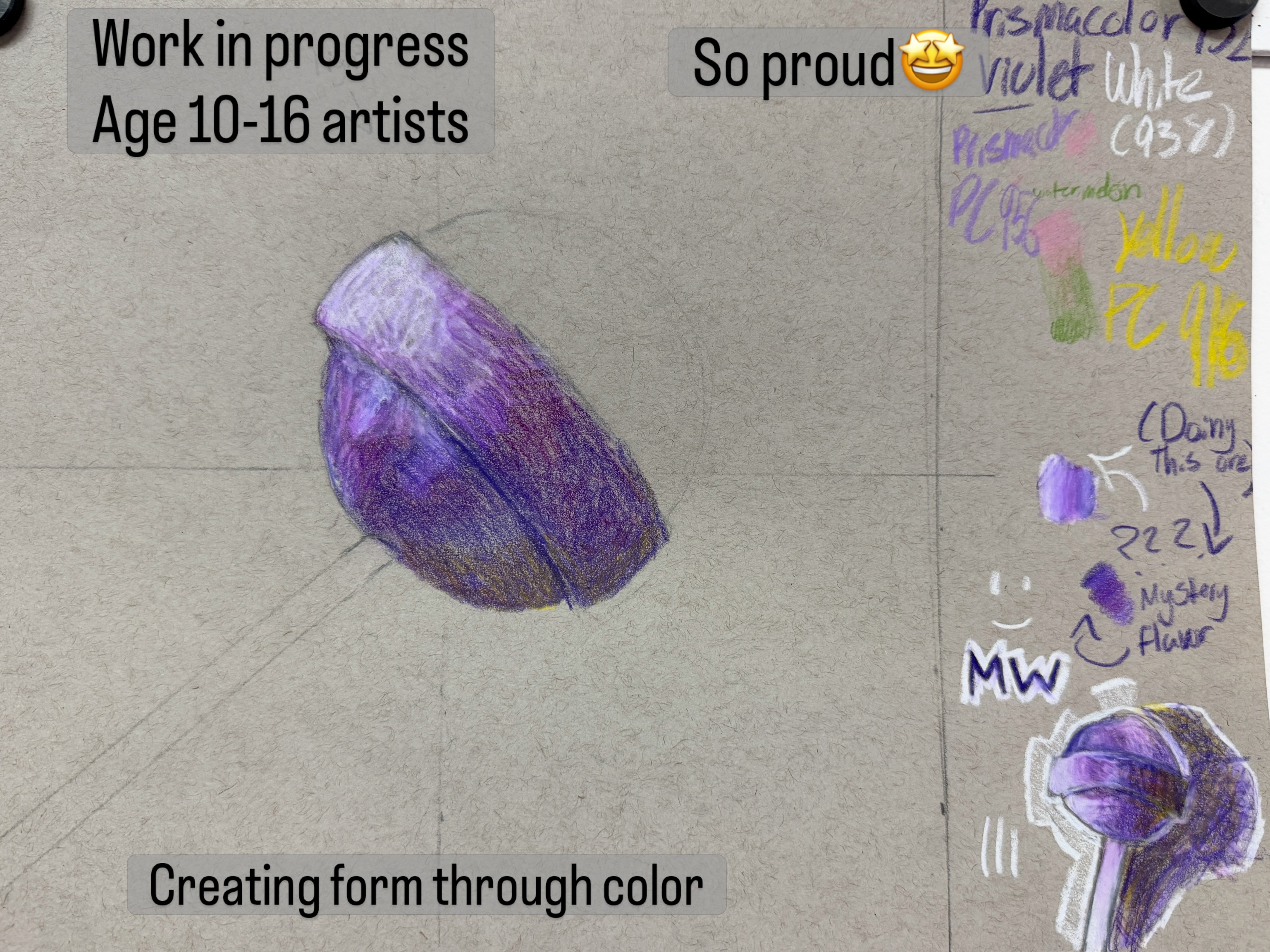 My artists (ages 9-11) continue to make great strides. Learning colored pencil techniques and how create form (3 dimensionality) using color. Working from life, my artists are pulling lots of this years lessons together to create this current piece. Amazing work so far. So proud of this crew!
#arteducation #lifeskills #artmatters #njartclasses