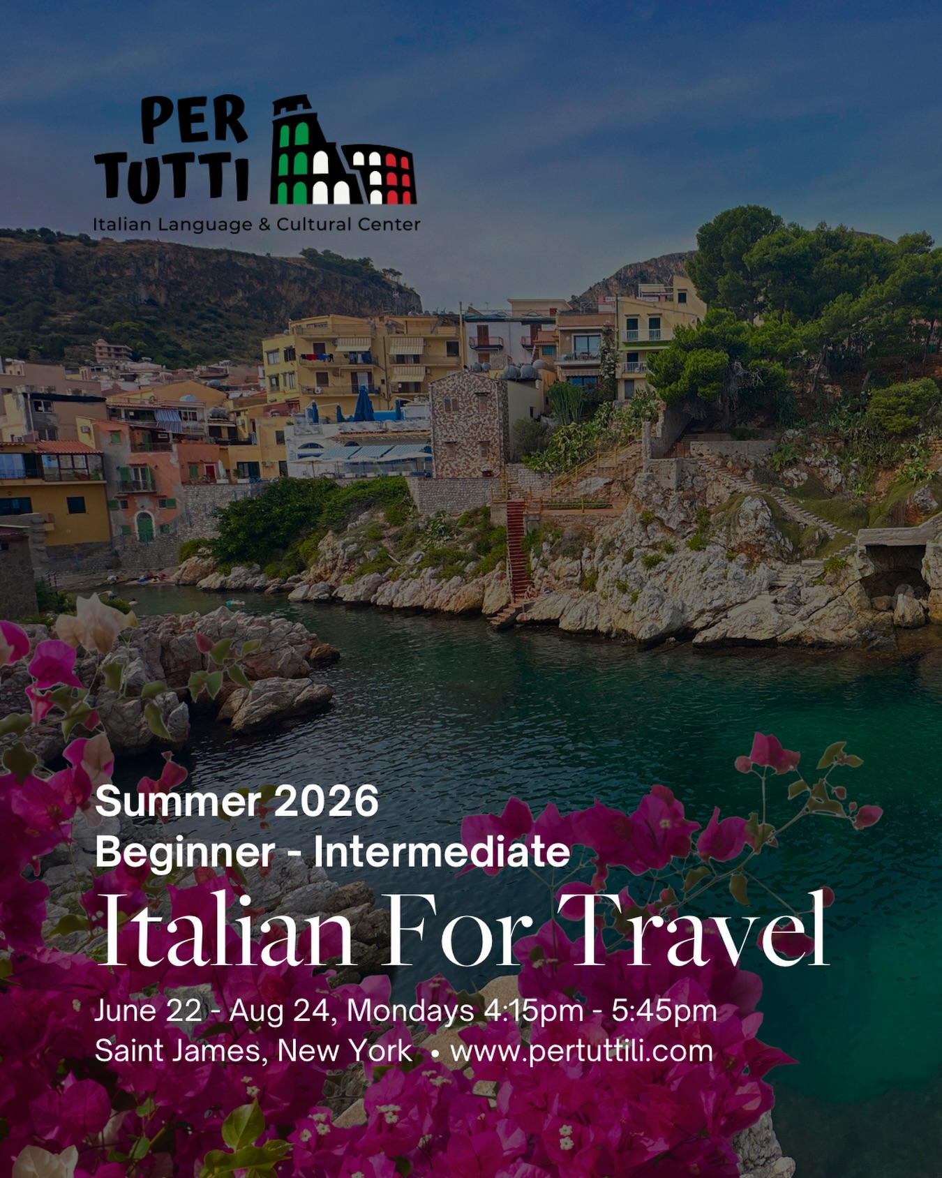 Planning a trip to Italy? 🇮🇹 Build the confidence to communicate with locals before you go.
Our Italian for Travel course at Per Tutti in Saint James, Long Island is designed for adults who want to learn practical Italian for real-life situations including dining, transportation, hotels, shopping, and more. Led by a NYS-certified Italian teacher in an immersive and supportive environment, this 10-week course helps you develop speaking, listening, and reading skills you can use from day one in Italy.
ALL LEVELS WELCOME
$400/10 classes
Register at www.pertuttili.com