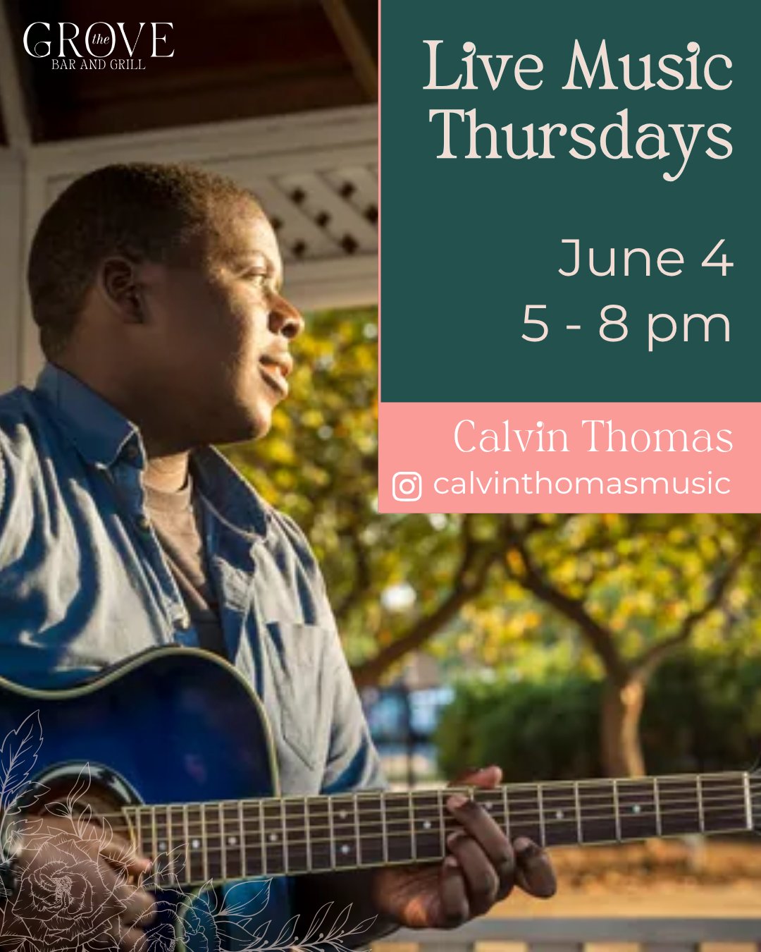 Live music tonight from 5-8pm with @calvinthomasmusic! Find a seat at the bar or the patio and let the week wind down properly.