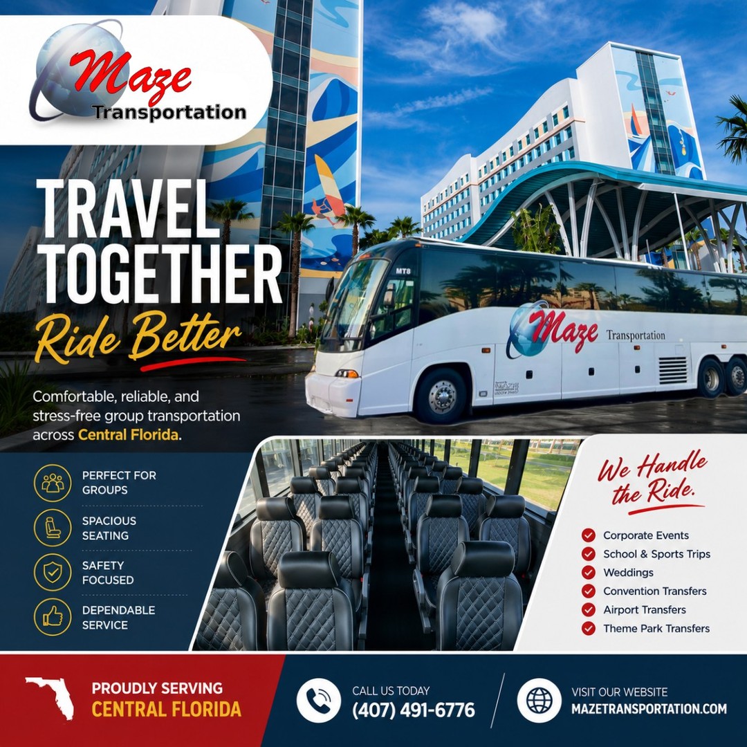 Travel together, ride better. 🚌
Whether it’s a corporate event, wedding, sports trip, or a day at the parks, Maze Transportation gets your group there in comfort. Spacious seating, dependable service, and a stress-free ride across Central Florida every time.
Ready to roll? Call (407) 491-6776 or visit MazeTransportation.com to book your group today.
#MazeTransportation #CentralFlorida #GroupTravel #CharterBus #TravelTogether #OrlandoTransportation #GroupTransportation