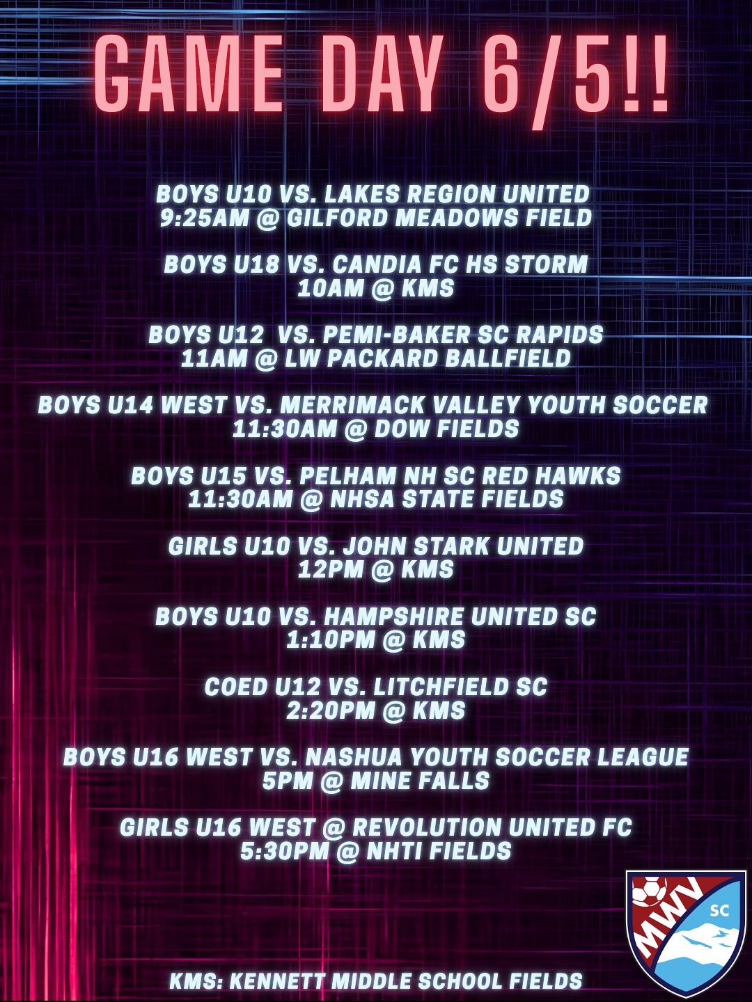 Another big weekend of soccer is here! ⚽🙌
MWV Soccer Club teams will be taking the field across New Hampshire this weekend, with plenty of action both at home and on the road as we head into the final week of the regular season.
Come out and support our players as they continue to work hard, compete, grow, and have fun with their teammates. Whether you’re cheering from the sidelines at a home game or traveling to support an away match, your encouragement means the world to our athletes.
Good luck to all of our players, coaches, referees, and families. Let’s finish the regular season strong! 💙⚽
#WeAreMWV #MWVSC #YouthSoccer #OnThePitch #SoccerWeekend