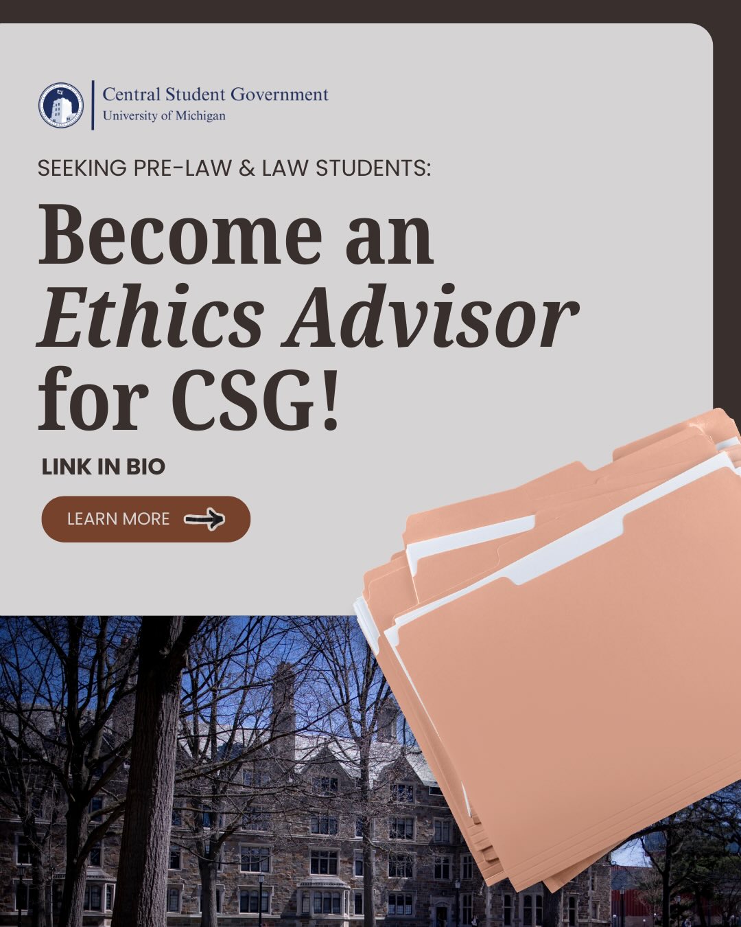 Pre-law? Law? Neither? Join CSG’s Ethics Committee as an Ethics Advisor- apply at the link in bio! All majors and students are welcome to apply.