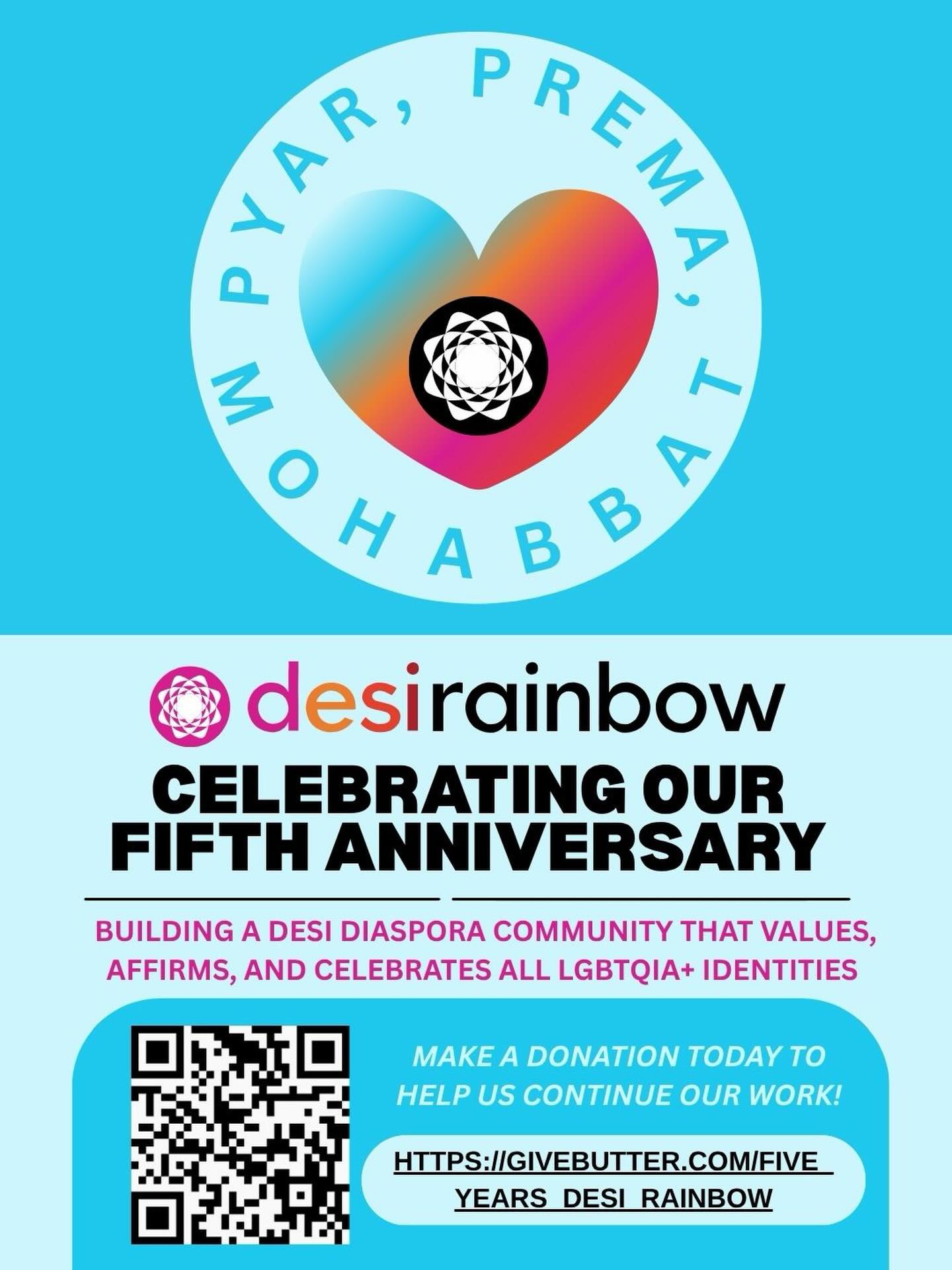 🎉Desi Rainbow is celebrating our 5th Anniversary!
5️⃣ Five Years of….
🫂Support: Support groups and Saathi friends that have served over a 1000 LGBTQIA+ folks and their families each month
📚Education: Workshops, seminars, tables, publications, presentations, social media and one-on-one interactions that have reached thousands to change hearts and minds across the North America
✊🏽Advocacy: Showing up locally and nationally to stand up for all Desi LGBTQ+ kids and adults and their families
🌈As we celebrate our 5th anniversary and Pride this month, we are mindful of the fact that the battle is not over.
💭When we started our work, our goal was to create a world where we become obsolete - where every Desi child and adult in the diaspora is affirmed, loved and accepted, just as they are, where all LGBTQIA+ identity is just part of the spectrum of human experience and expression.
🥅We are a long way from realizing that dream. We are determined to keep working to realize this dream.
🌅Join us on this journey of love and hope for the next 5 years as supporters and members! tinyurl.com/FiveYearsDesiRainbow
#FiveYearsDesiRainbow #DesiPride #Pride2026 #ProudFamily #giveoutday