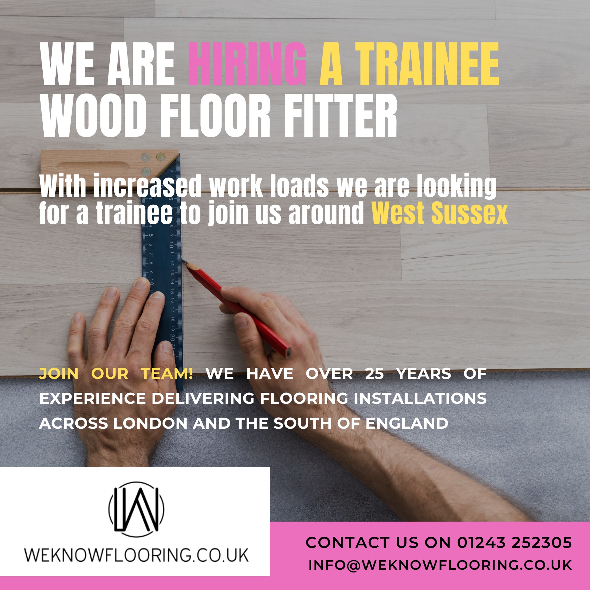 We are looking for a trainee to join us!
If you are already in the building trade or new to the industry and want to learn how to install wood floors, we we will support you on a NVQ carpentry course. Based in West Sussex only.
Please get in touch!
Email - info@weknowflooring.co.uk
#trainee #training #flooring #woodflooring #contractor #builder