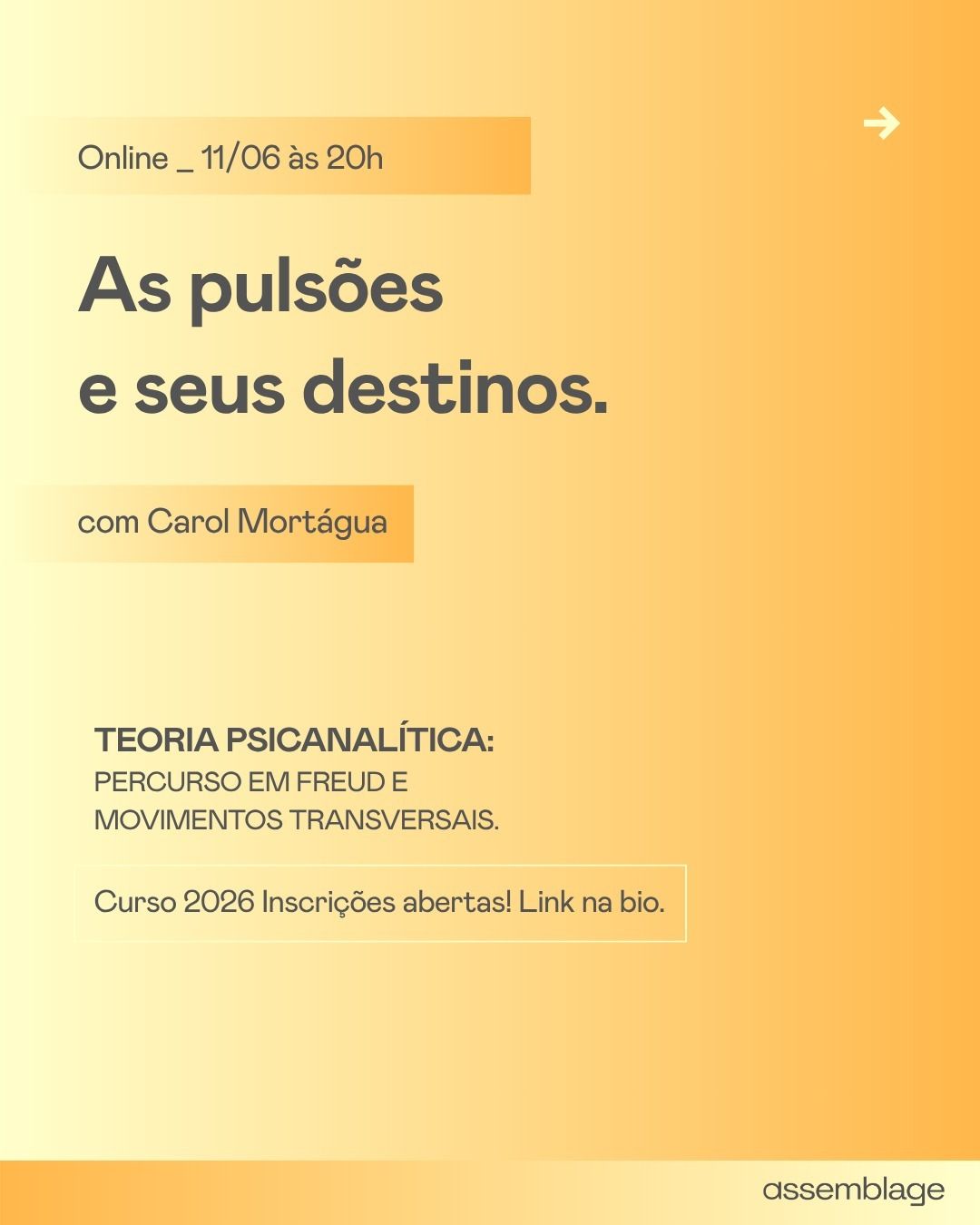 Na próxima quinta-feira (11/06 às 20h00), te convidamos a explorar como Freud constrói o conceito de pulsão e transforma a compreensão do sujeito com a pesquisadora Caroline Mortagua.
Conheça o curso no link da bio.
Participe!
#Freud #Pulsão #CampoLacaniano #Psicologia #FormaçãoEmPsicanálise