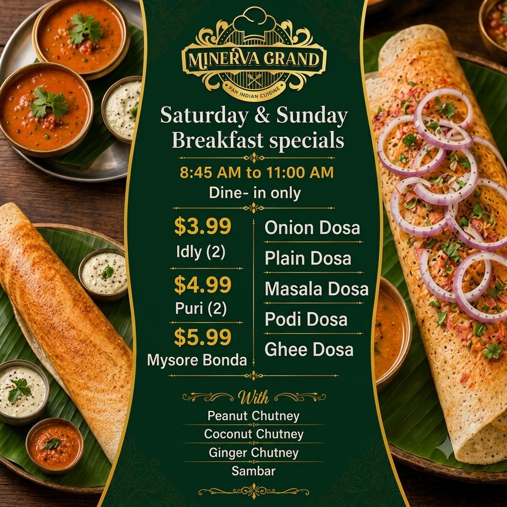 🥞 Weekend mornings done right! ✨
Skip the cooking this weekend and join us at Minerva Grand for our authentic, South Indian Saturday & Sunday Breakfast Specials! From crispy, golden dosas to fluffy idlys, we’re serving up comfort on a plate.
🕒 When: Saturday & Sunday | 8:45 AM to 11:00 AM
📍 Where: Dine-in only
On the Menu This Weekend:
$3.99 – Idly (2)
$4.99 – Puri (2)
$5.99 – Mysore Bonda
Our Signature Dosas: Onion, Plain, Masala, Podi, & Ghee Dosa!
All items served fresh with our delicious Peanut Chutney, Coconut Chutney, Ginger Chutney, and piping hot Sambar! 🍲
Tag your breakfast buddy and head over before 11 AM! 👇
#MinervaGrand #TracyEats #TracyCA #SouthIndianBreakfast #DosaLovers #IdlyPuri #IndianFoodTracy #BayAreaEats #WeekendBrunch #DineInTracy #CentralValleyEats #IndianBreakfast