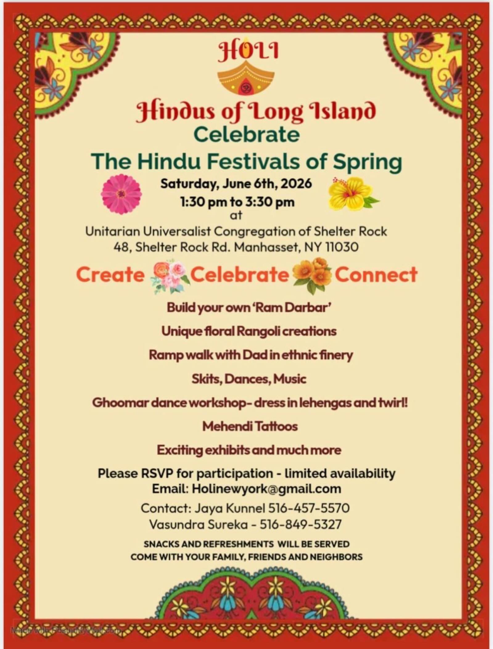 HOLI - CREATE/CELEBRATE/CONNECT - Celebrate the Hindu Festival of Spring - Saturday June 6th 2026 at Glen Unitarian Universalist Congregation of Shelter Rock - #HOLIEVENT #holinewyork #hindusoflongisland