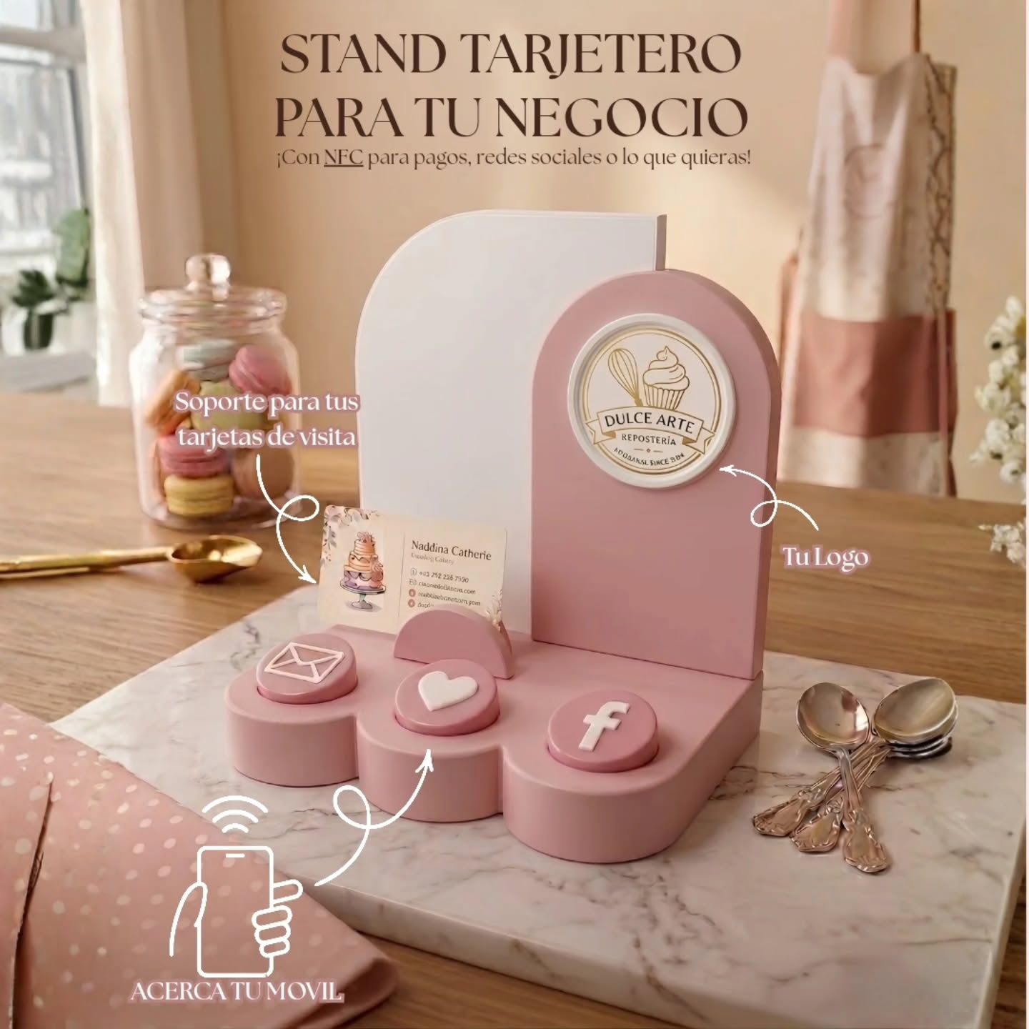 ¡Lleva la experiencia de pago y conexión con tus clientes al siguiente nivel! Este stand exhibidor está diseñado especialmente para emprendedores, tiendas físicas y negocios de repostería que buscan un toque profesional, limpio y moderno en su mostrador.
Olvídate de tener mil papeles pegados con códigos QR. Con este stand impreso en 3D de alta calidad, organizas todo tu ecosistema digital en un solo lugar.
✨¿Por qué te va a encantar?✨
Tecnología NFC ("Tap to Pay / Tap to Follow"): El stand incluye discos o zonas con sensores NFC personalizables. Tus clientes solo tienen que acercar su teléfono para pagar al instante (PayPal, Venmo, Cash App) o para abrir tus redes sociales de inmediato. ¡Sin teclear nada!
Códigos QR Integrados: Espacio perfecto para tus códigos de pago rápido (Chime, Venmo, Cash App) o el menú digital de tu negocio, con letras en relieve ultra definidas.
Soporte para Tarjetas de Presentación: Incluye ranuras frontales para colocar tus tarjetas físicas o notas de agradecimiento, facilitando que tus clientes se lleven tu contacto a casa.
100% Personalizable:
Tu Logo en el Centro: Resalta la identidad de tu marca con tu logotipo.
Tus Colores Corporativos: Elige la combinación de colores que mejor se adapte a la estética de tu marca.
Configuración a tu Medida: Tú decides qué funciones quieres en los discos NFC (redes sociales, enlaces de pago, web, Gmail, etc.).
💡 Dale a tu negocio el cierre de venta que se merece. Más rápido para tus clientes, más organizado para ti y con una estética premium que destaca en cualquier foto.