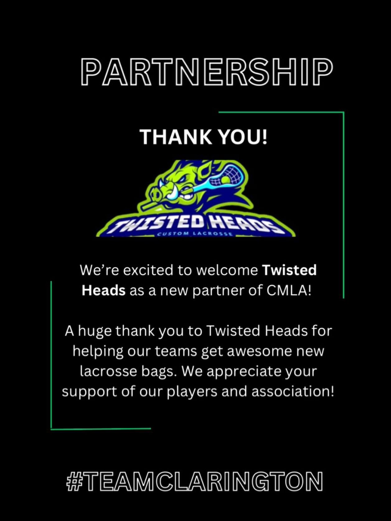 The Clarington Minor Lacrosse Association is proud to welcome Twisted Heads Custom Lacrosse as a new CMLA partner!
Thanks to their support, our teams are getting some incredible new lacrosse bags to help represent #TeamClarington wherever they go. Their commitment to our players and association is greatly appreciated, and we’re excited to have them as part of the Gaels family.
Please join us in thanking Twisted Heads for investing in the future of lacrosse in Clarington!
#TeamClarington #GaelsNation #ThankYouSponors #BoxLacrosse