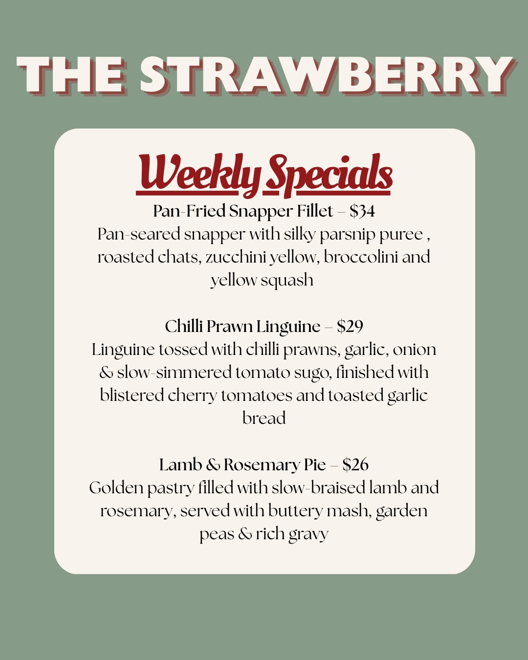 This week’s specials have landed 🍽️
🐟 Pan-Fried Snapper Fillet – $34
🍝 Chilli Prawn Linguine – $29
🥧 Lamb & Rosemary Pie – $26
🍛 Butter Chicken – $20
🥩 Pork Cutlet – $29
🍑 Peach & Mango Cheesecake – $11
Whether you’re after a pub classic, a comforting curry or something a little lighter, we’ve got your next meal sorted.
Available for a limited time.
Book a table via the link in bio or walk in and join us!
#sydneyeats #sydneypubs #sydneypublife #weeklyspecials #besteatssydney