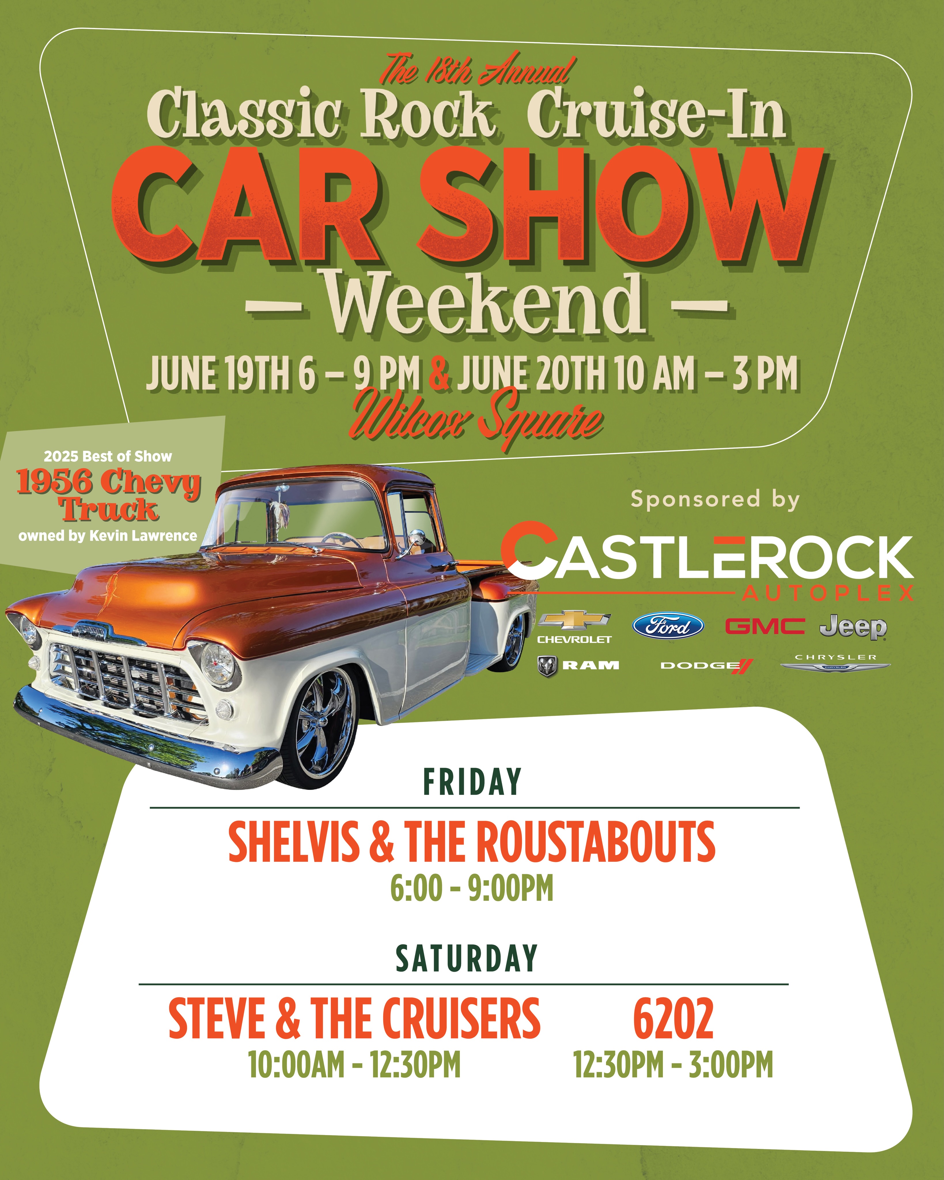 The stage for the CAR SHOW will be set so soon in Wilcox Square, for a weekend of classic music and retro autos ๐
๐ถ Friday night, get ready for all your favorite tunes from the Elvis era from Shelvis & The Roustabouts ๐ธ
๐ต And on Saturday, view the car lineup with some rockin tunes from Steve & The Cruisers and 6202 ๐ค
The CAR SHOW WEEKEND is happening June 19 & 20, in the streets of Downtown Castle Rock ๐
A huge thanks to our sponsors at Castle Rock Autoplex ๐
#summerincastlerock #crco #castlerockcolorado #coloradocarshow