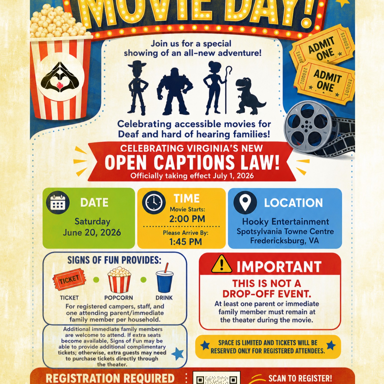Hi everyone! We rented a theater for an OPEN CAPTION showing of Toy Story 5 on June 20th, Hooky Entertainment, Spotsylvania Town Centre! Deaf, hard-of-hearing, CODA, and SoF families are welcome. We'd love to fill the theater with our community. Register today! Deadline to register is June 13th.
https://forms.gle/11sCUoKQ43JDUYLh9
#Signsoffun #OpenCaptionsVA @hookyentertainment