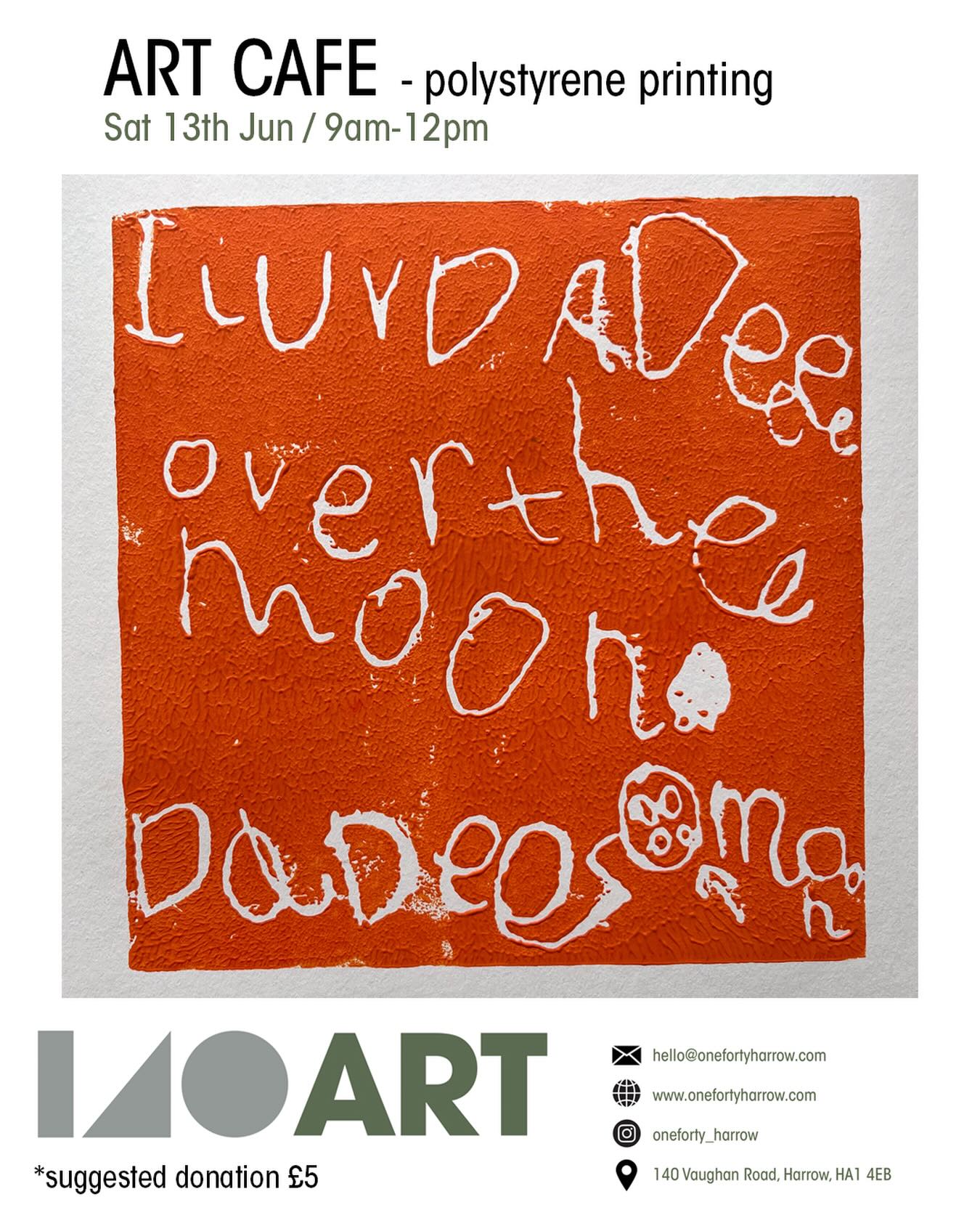 🫖☕️🎨 Art Cafe 🎨☕️🫖
📆 Saturday 13th June
⏱️9am-12pm
📍 oneforty - 140 Vaughan Road, HA1 4EB
Wanted your caffeine fix on a Saturday? Now’s your chance. Coffee, Art? Or maybe both!
This month there will be a focus on Father’s Day or a special person in your world using Polystyrene printing (for adults and children ages 5+)
An alternative and safe way to make a gorgeous print for a gift for someone special in your world ❤️
This example reads ‘I love daddy over the moon. (giant full stop😂) Daddy’s Moon 🌚 ‘ (with some ‘fancy curly E’s’ from our 5 year old😂😂)
If you are planning on making a print with writing and are bringing a young child - make sure you bring your patience with you as this print took us an eternity as we had to reverse the text! A drawing might be better 😂😉
There will be lots of other free art materials to use to create cards etc
Suggested donation - £5 for materials
Everyone welcome - we’d love to see you there. Chat, enjoy a drink, unleash your inner artist & have a doodle!
Please share with anyone you think might like to join us 👍
#westharrow #harrowonthehill #art #natureart #artcafe