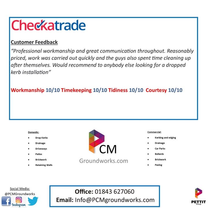 Another happy customer! Contact on 01843 627060 for a free quote on patios, driveways or drop kerbs. Take a look at our reviews here: https://zurl.co/wPAOm
#pcmgroundworks #kent #driveways #patios
