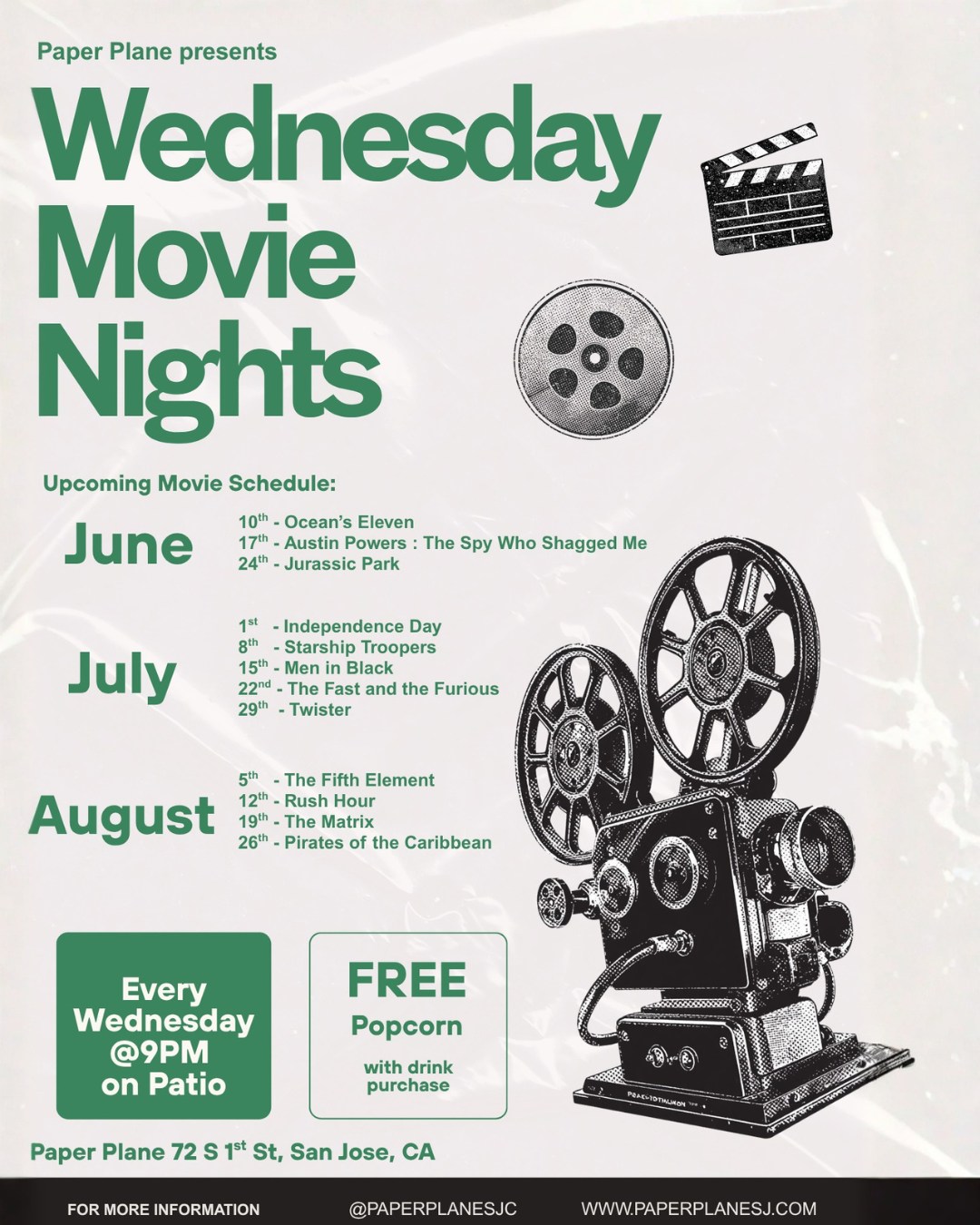Your Wednesday plans just got booked. 🎬🍿
Movie Nights are officially landing on the patio at Paper Plane. Join us every Wednesday at 9PM for cult classics, blockbuster favorites, and free popcorn with any cocktail purchase.
Check out the lineup and grab your seat under the stars. 🌌
#sanjoseevents #movienight #cocktailsandcinema #patioszn #downtownsanjose