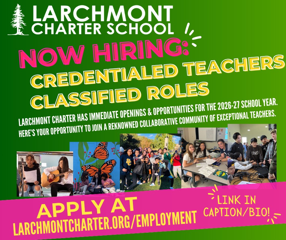 WE'RE HIRING FOR THE 2026-27 SCHOOL YEAR!
Larchmont Charter has available employment opportunities for:
∙ ASP Site Coordinator
∙ ELA High School Teacher
∙ Elementary Teacher
∙ Education Specialists
∙ Additional Adult Assistants
∙ Instructional Aids
∙ Substitute Teachers
∙ Custodial Substitutes
JOIN OUR TEAM. Visit www.larchmontcharter.org/employment for info.
#cacharterschools #lacharterschools #larchmontcharterschool #teacher #education