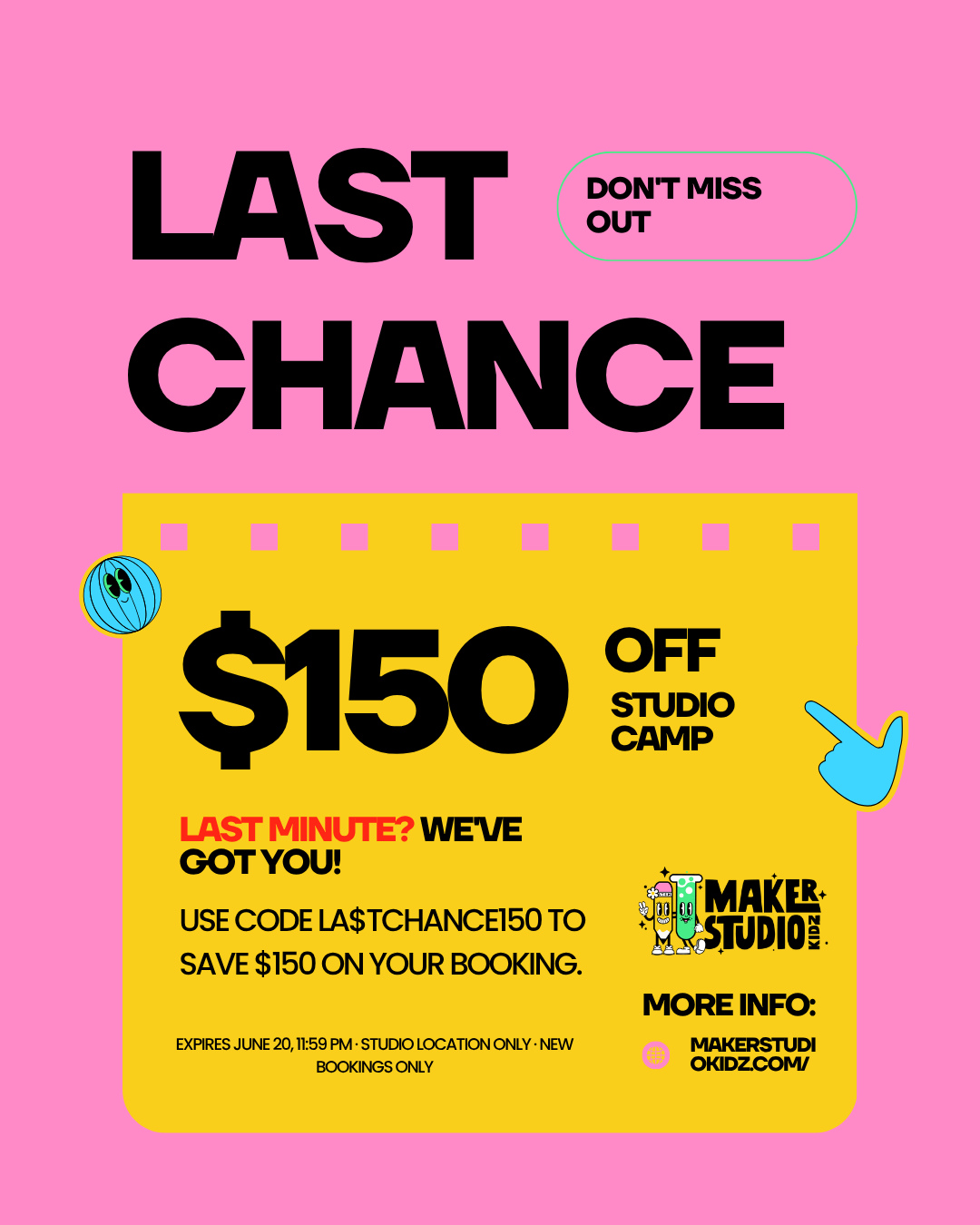 🎨 Summer camp spots are filling up fast!🎨
If you've been on the fence, this is your sign. Use code LA$TCHANCE150 to save $150 on Makerz studio summer camp. Valid for studio camp only, sale ends June 20!
📍 Maker Studio Kidz, Hayes Valley
🔗 Link in bio to register!
#MakerStudioKidz #SummerCamp #KidArt #SFKids #HayesValley #LastChance #SummerCamps2026