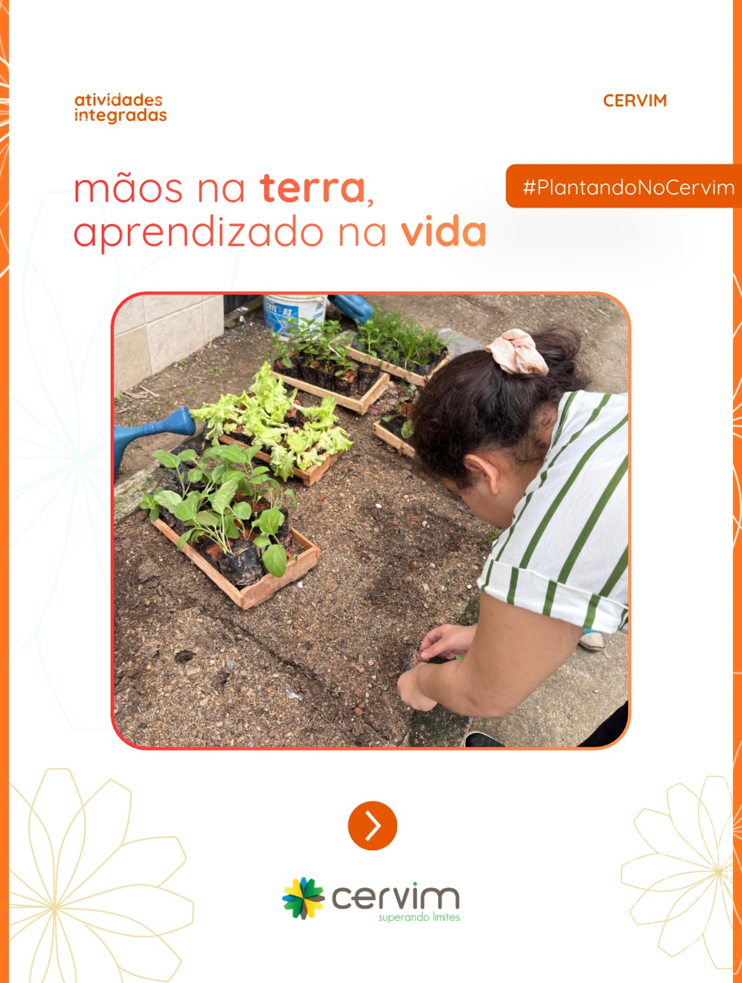 Na atividade terapêutica integrada da nossa horta, os pacientes participaram do plantio de novas mudinhas, vivenciando muito mais do que o simples ato de cultivar plantas. Cada semente e cada muda representam cuidado, responsabilidade, paciência e desenvolvimento.
Além de estimular habilidades motoras, sensoriais e cognitivas, o contato com a natureza favorece o bem-estar emocional, fortalece vínculos e proporciona experiências significativas de autonomia e participação.
Na horta do CERVIM, cultivamos muito mais do que plantas: cultivamos conquistas, autoestima e oportunidades de crescimento todos os dias. 🌿✨
#CERVIM20Anos #TerapiaIntegrada #HortaTerapêutica #DesenvolvimentoHumano #Inclusão