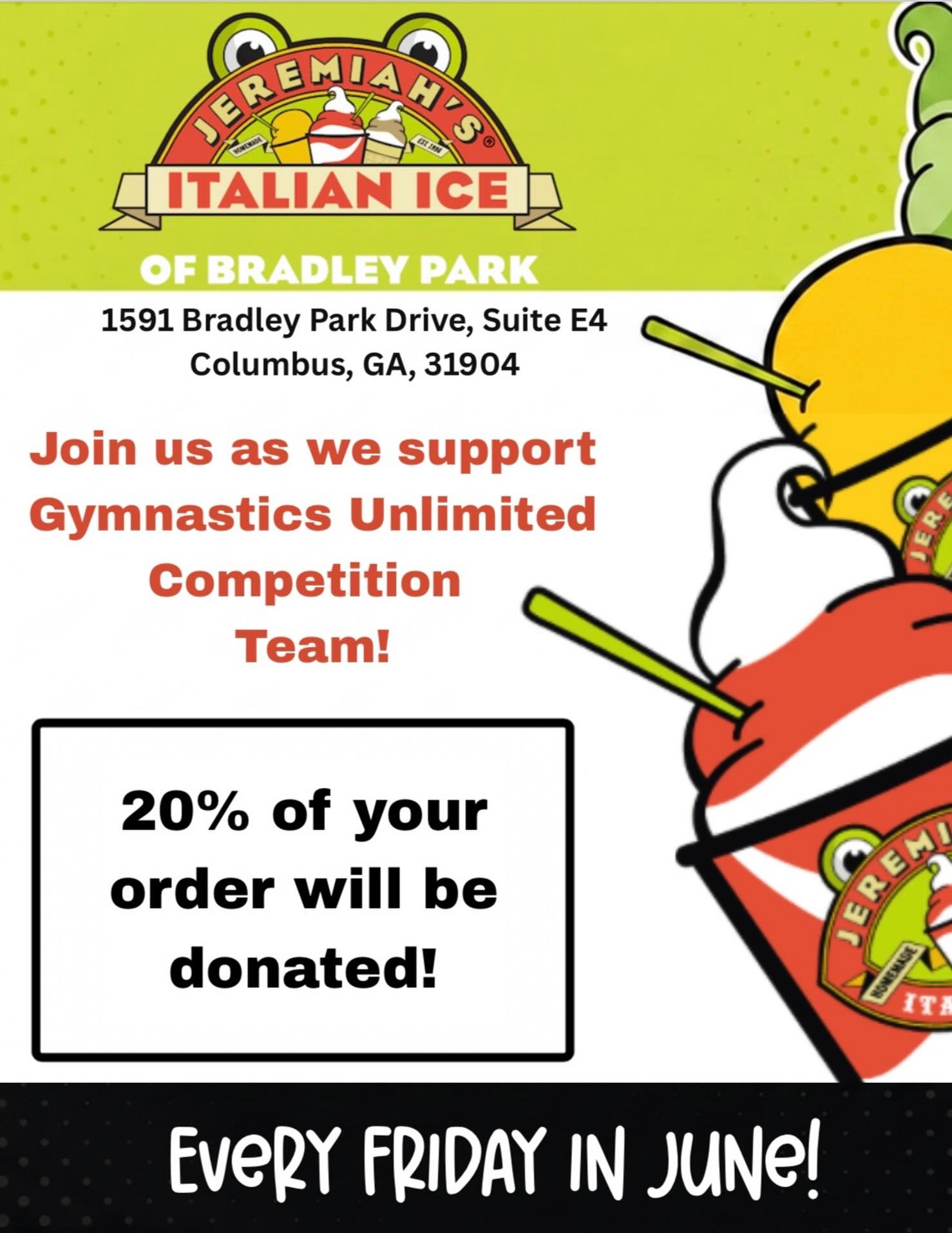 Yโall come support Gymnastics Unlimitedโs team this and every Friday this summer!! Cool down with an Italian ice and give back to our awesome gymnasts!! ๐ง๐๐ค