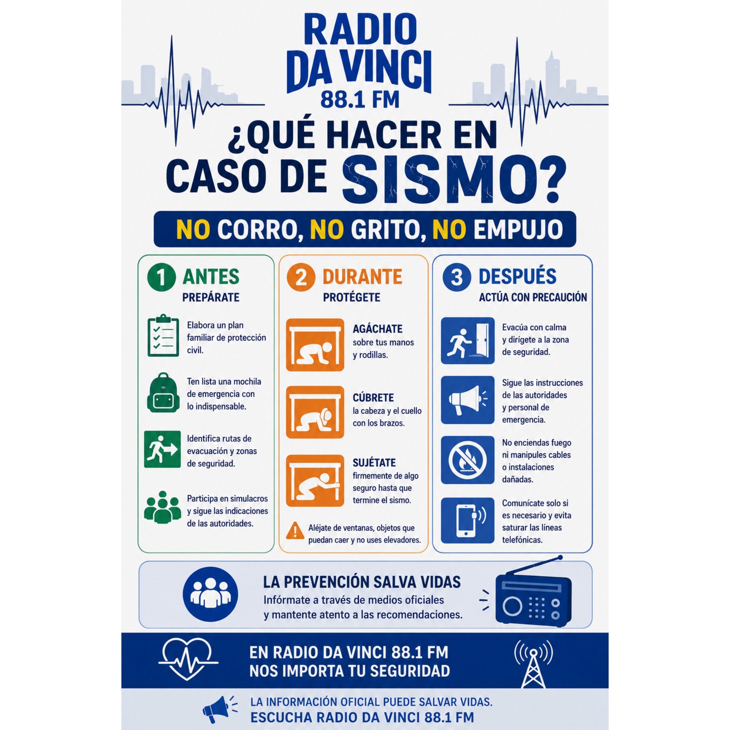 🚨🌎 ¿QUÉ HACER EN CASO DE SISMO? 🌎🚨
La prevención y la información pueden marcar la diferencia. Ante un sismo, recuerda seguir estas recomendaciones básicas:
1️⃣ Mantén la calma y evita el pánico.
2️⃣ Identifica un lugar seguro donde te encuentres.
3️⃣ Ubica la ruta y la zona de evacuación más cercana.
4️⃣ No corras, no grites y no empujes.
5️⃣ Aléjate de ventanas, cristales y objetos que puedan caer.
6️⃣ Sigue las indicaciones de Protección Civil y de las autoridades.
7️⃣ Si es necesario evacuar, hazlo de manera ordenada.
8️⃣ Mantente informado únicamente a través de fuentes oficiales.
📻 En Radio Da Vinci 88.1 FM promovemos la cultura de la prevención y la seguridad de nuestra comunidad.
💙 La prevención salva vidas. Comparte esta información y ayuda a crear una sociedad más preparada.
#Sismo #Prevención #ProtecciónCivil #Seguridad #RadioDaVinci881FM #NoCorroNoGritoNoEmpujo #CulturaDeLaPrevención #Cancún #QuintanaRoo #InformaciónQueProtege