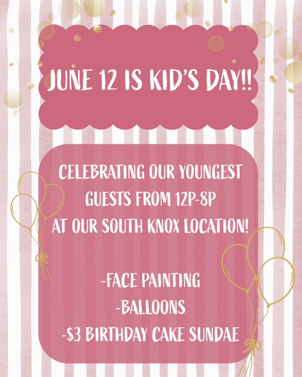 Our fourth anniversary celebration is next weekend, and Friday we're celebrating some of our FAVORITE guests! Bring the whole gang to our South Knox location from 12p-8p to enjoy free face painting and balloons, topping it all off with our special $3 Birthday Cake Sundae! It will be a fun day with lots of treats! We can't wait to see y'all there!
106 E Young High Pike, Knoxville
#Knoxville #knoxfood #knoxvilletn #knoxlocal #knoxeats