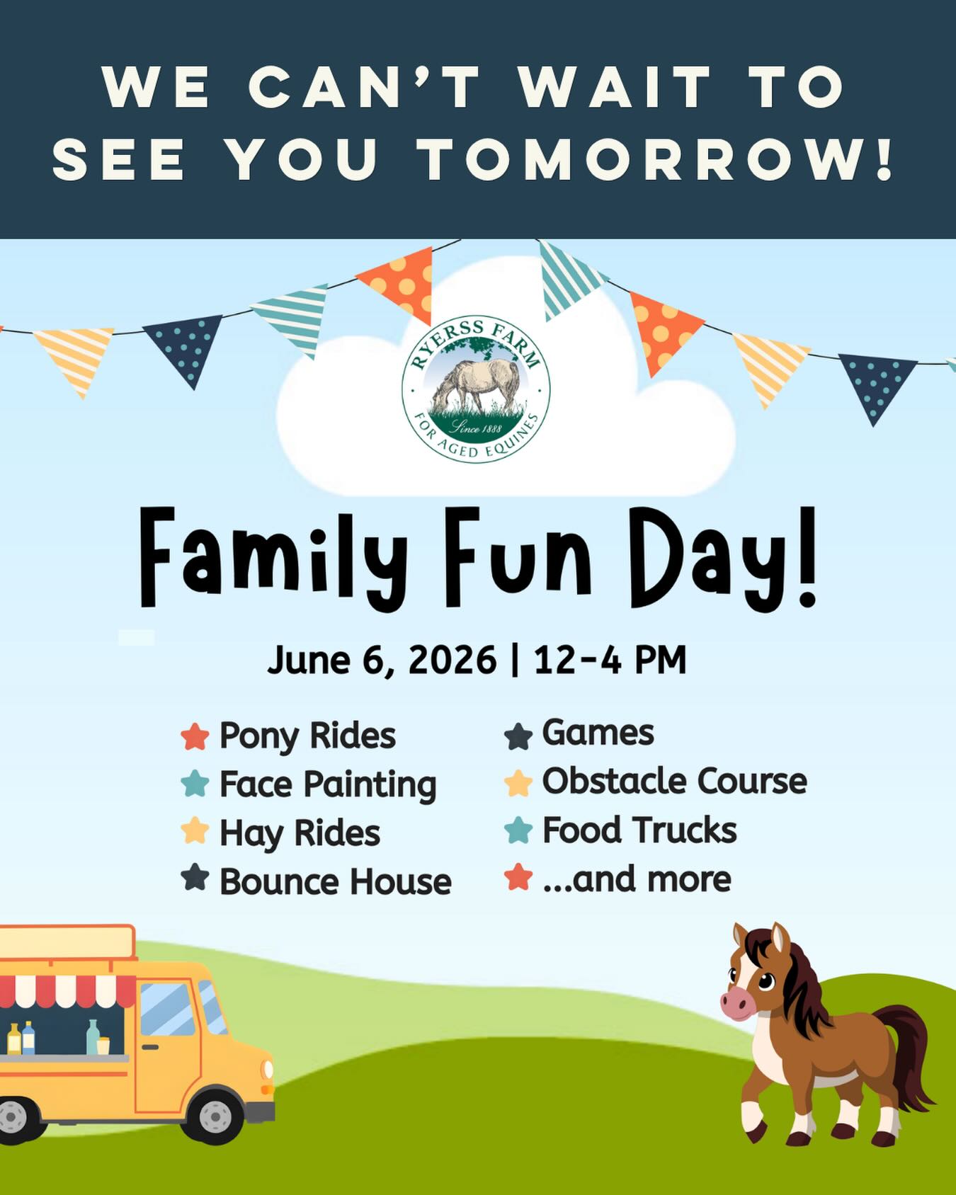We can’t wait to see you TOMORROW, June 6th, at our Family Fun Day! 🐴🎉 Join us from 12 to 4 PM at Ryerss Farm. General admission is FREE! Bring the whole family for a day of pony rides, face painting, hay rides, delicious food, and more.
Food and activity tickets will be available to purchase for $1 each. If you pre-purchased tickets, please pick them up at the Will Call table.
Unable to attend? Donate to support a healthy retirement!
Click the link in our bio to learn more or donate now.
