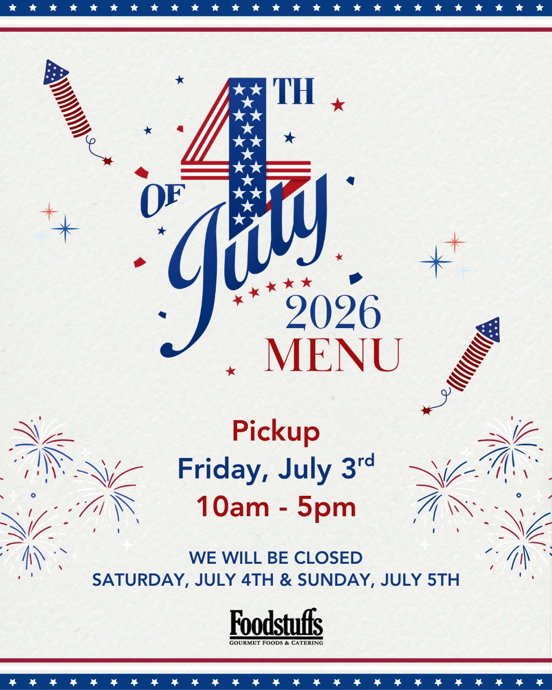 Get ready for the 4th of July, order your holiday favorites! 🎆
Order online, call, or stop in to place your order.
We have everything you need for an easy, festive,
and delicious gathering.
From mini cheeseburgers and coconut chicken skewers to caprese corn salad, \mini lobster rolls, and festive desserts...
we have everything you need for a delicious and stress-free celebration.
Scroll to the side to view our full 4th of July menu!
📍 Evanston, Glenview, Glencoe, Lake Forest