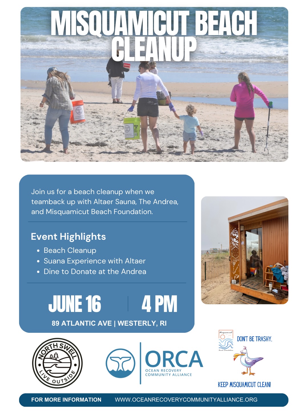 Join ORCA this June for three community beach cleanups across Rhode Island. Whether you can make one or all three, every bag collected and every helping hand makes a difference for our coastline and local wildlife.
📍 Misquamicut — June 16 | 4–6 PM
📍 Aunt Carries — June 28 | 9–11 AM
📍 Misquamicut — June 30 | 5–7 PM
Bring friends, family, or just yourself, we’ll provide cleanup supplies and good community energy. And together, we’ll leave our beaches a little cleaner than we found them.
RSVP at oceanrecoverycommunityalliance.org