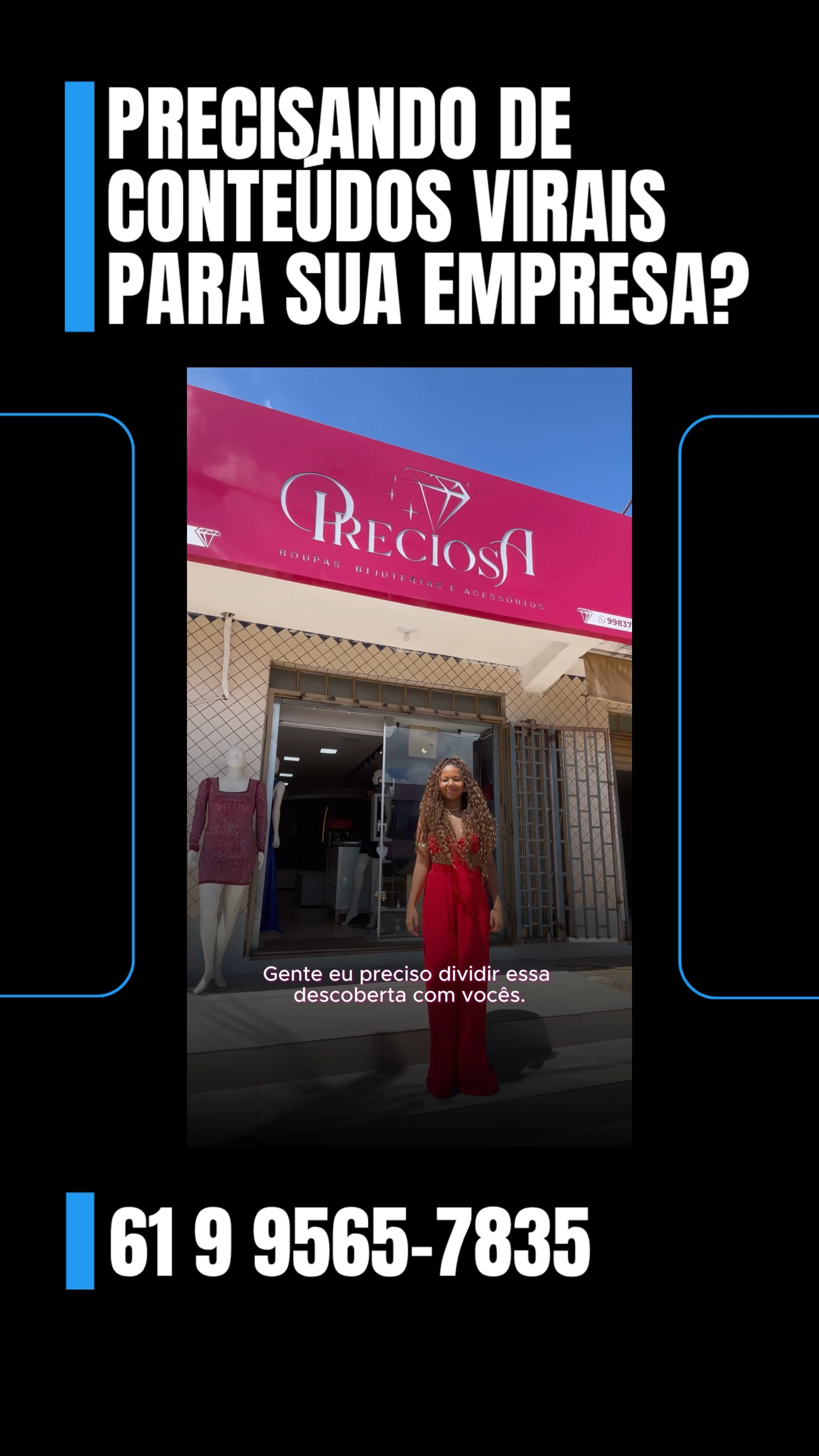 Seu negócio não precisa de “mais um post”, e sim de vídeos que parem o dedo no feed e tragam clientes prontos para comprar.
Na nossa agência, cada vídeo é uma mini campanha: estratégia, roteiro inteligente e linguagem simples, do jeito que seu público realmente consome.
Criamos vídeos que:
prendem nos primeiros segundos com ganchos fortes
falam a língua do seu cliente, sem “empresês”
conectam dor, solução e ação de forma natural
fortalecem sua marca local e geram visibilidade contínua em Reels, TikTok e Shorts
Se você sabe que precisa aparecer mais e melhor, mas não tem tempo, estratégia ou equipe, a gente entra aí: planejando, roteirizando e produzindo vídeos profissionais com cara de conteúdo orgânico, focados em alcance, engajamento e oportunidades.