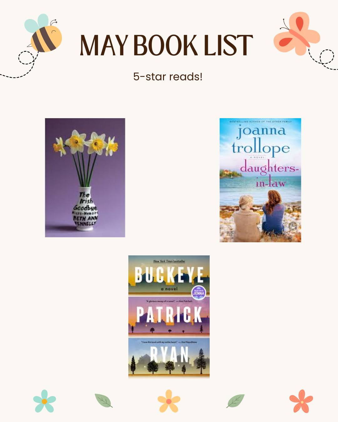 Here are my 5-star reads for May with The Irish Goodbye Micro-Memoirs by @bethannfennelly as my #1 pick.
I do love a family saga, and Buckeye and Daughters-in-Law did not disappoint.
I read a few other books that didn't quite make the cut, one a reread of a novel that I'd loved during college. What are you reading?