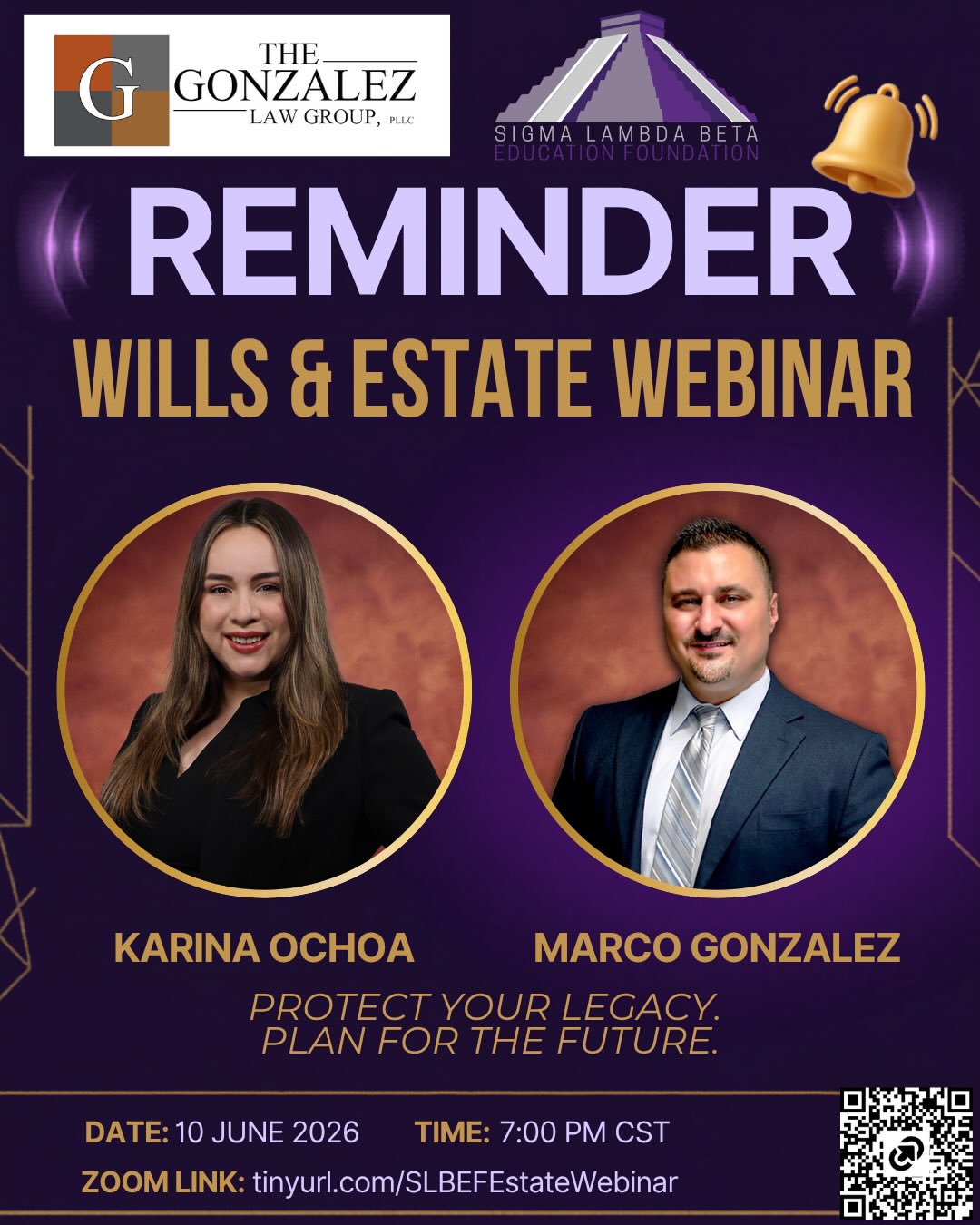 ⏰ Reminder: Our Wills & Estate Webinar is Wednesday at 7:00 PM CST.
Join Brother Marco Gonzalez, Karina Ochoa, and The Gonzalez Law Group for a conversation on estate planning, protecting your loved ones, and preserving your legacy.
🔗 No registration needed. Join us through the Zoom link in our bio or by scanning the QR code on the flyer.
#SLBEF #SLB1986 #EstatePlanning #LegacyPlanning